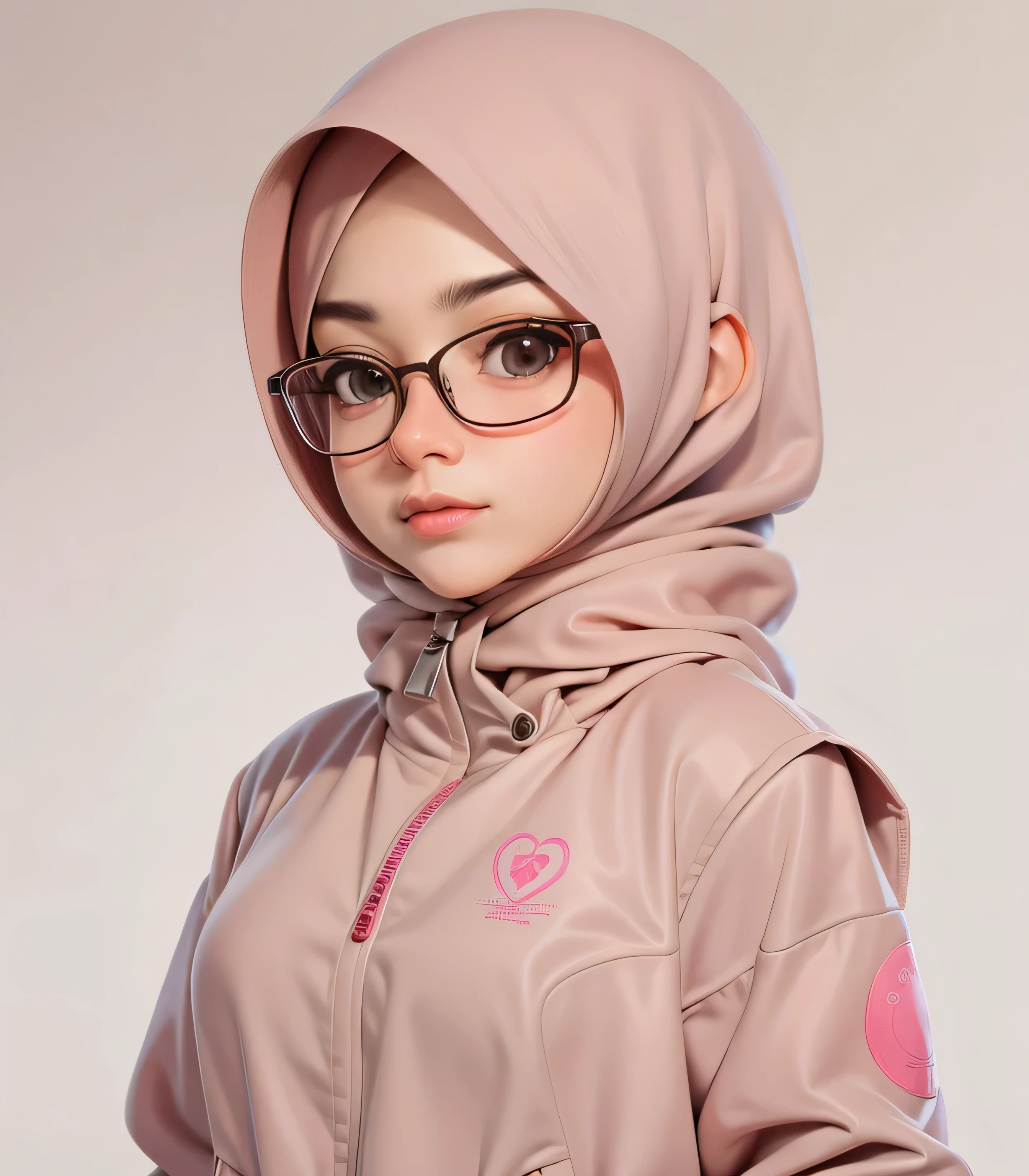 （tmasterpiece），（best qualtiy：1.0），（ultra high resolution：1.0），A detailed illustration，8K，There is a woman hijab in glasses and a pink jacket looking at the camera, Very detailed anime style，the soft light。Q version, Q version, Q version