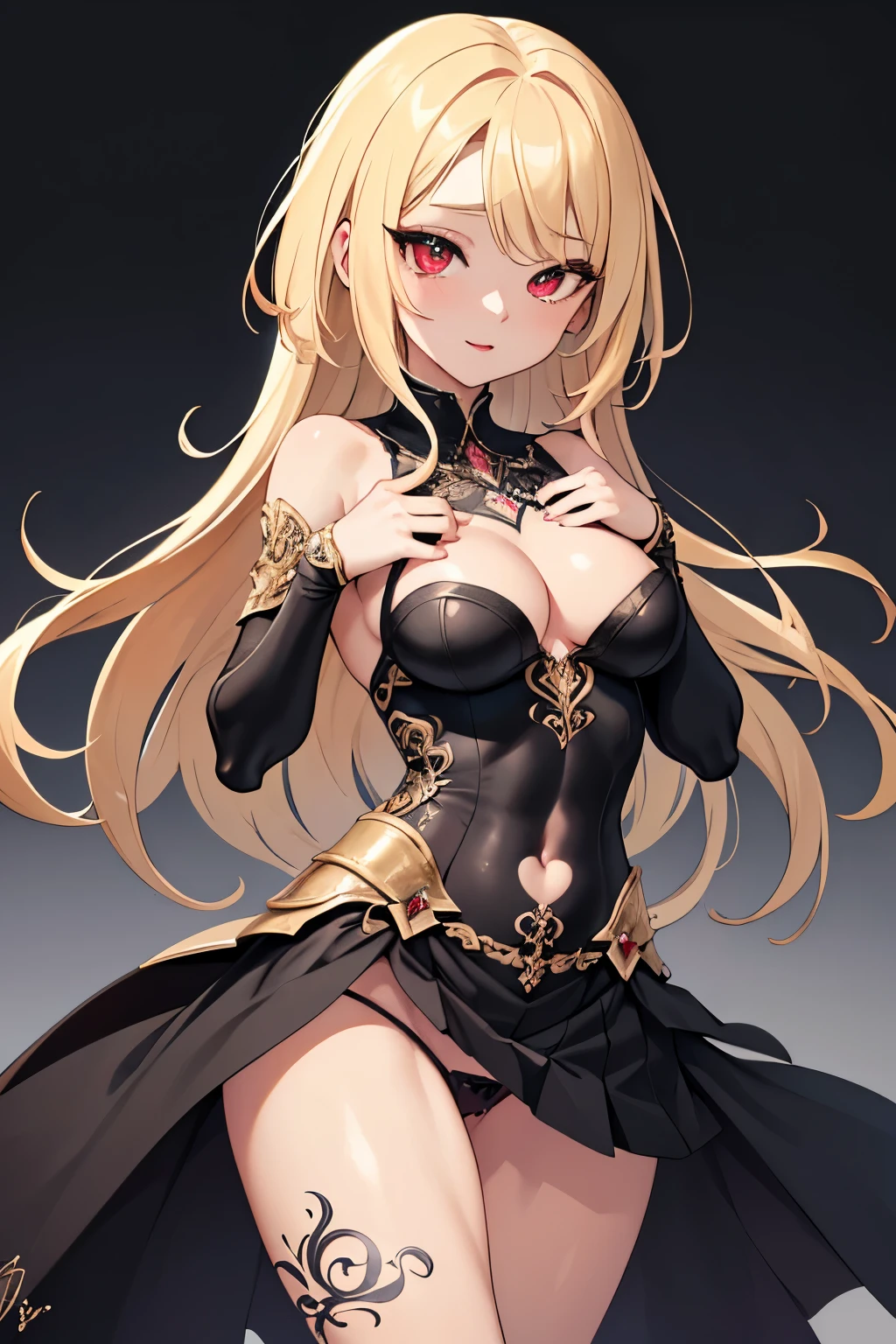 1girl, anime, cute girl, blank background, white background, fantasy, detailed fantasy dress with highlights, beautiful face, beautiful eyes, dark colors, black hair with multicolor streaks, red eye with different color pupil in eye, multicolor eye, medium small (slightly big), slight cleavagiful skin, cute, breast curtainsemely delicate and beautiful, (beautiful detailed face:1.0), (detailed deep eyes), symmetrical breasts, deep eyes, sin, portrait, slender waist, hips wider than shoulders, thighs, expressionless, young girl, luminous eyes, adorable,(Kpop idol),(aegyo sal:1),(Platinum blonde hair:1),((puffy eye)),Black panty,sexyture,Superskirt, uhigh rlution,Black collar,slim figure, Abdominal y tattoo, womb tattoo,Tight-fitting leg ring,y tattoo on half-body,Bare skin, Armored hand,Hidden fingertips,Hand covered,Arm covered,Fist covered,{{beautiful detailed fingers}}, tufts of hair, moderate beautiful breast:1.0,(masterpiece:1.2), best qualigh-res, HDR, perfect face, intricate armor, delicate blue filigree, intricate filigree, red metalic parts, detailed part, dynamic pose, dynamic lights,