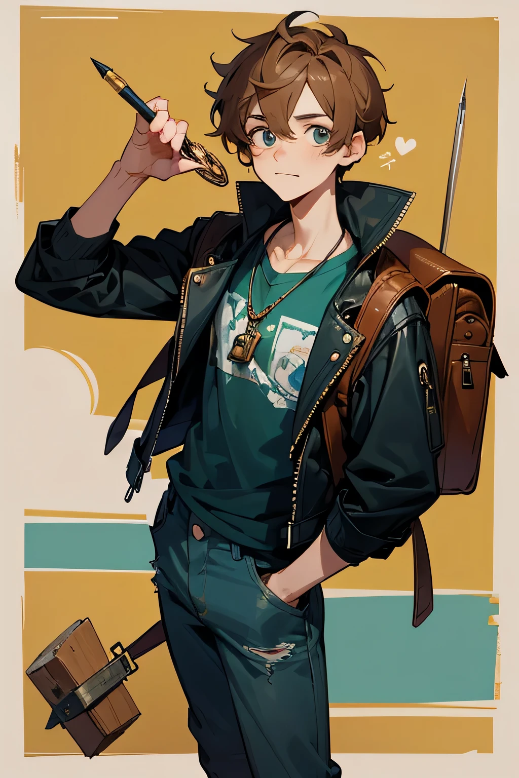 Lucas Everwood is a charming and curious individual, with an appearance that exudes a sense of whimsy and adventure. Standing at an average height with a slender build, he possesses an easygoing demeanor and a mischievous twinkle in his hazel eyes.

His tousled chestnut-brown hair falls in unruly waves around his face, giving him a slightly disheveled yet endearing look. Lucas often wears a worn leather jacket over a faded graphic tee, paired with jeans and comfortable sneakers. Around his neck, he sports a pendant in the shape of a magnifying glass, a nod to his love for solving puzzles and uncovering secrets.

Lucas's attire is accessorized with an assortment of trinkets and gadgets, including a battered backpack filled with tools and supplies for his adventures. He carries a trusty notebook and pen tucked into his jacket pocket, ready to jot down clues and observations at a moment's notice.