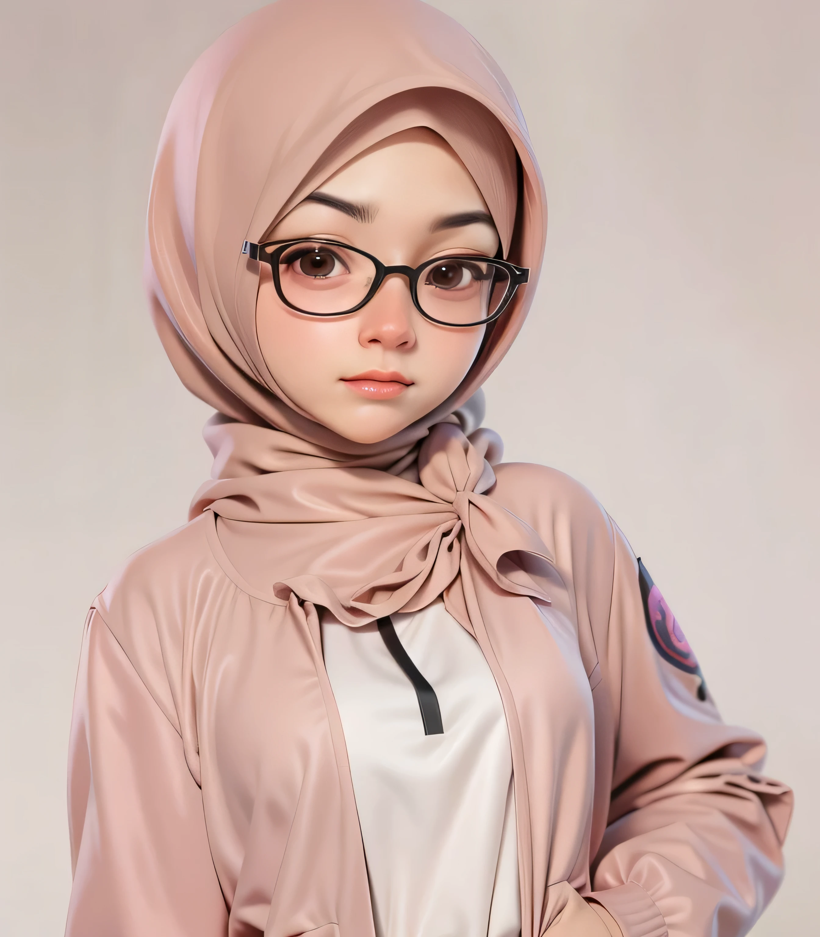 （tmasterpiece），（best qualtiy：1.0），（ultra high resolution：1.0），A detailed illustration，8K，There is a woman hijab in glasses and a pink jacket looking at the camera, Very detailed anime style，the soft light。Q version, Q version, Q version