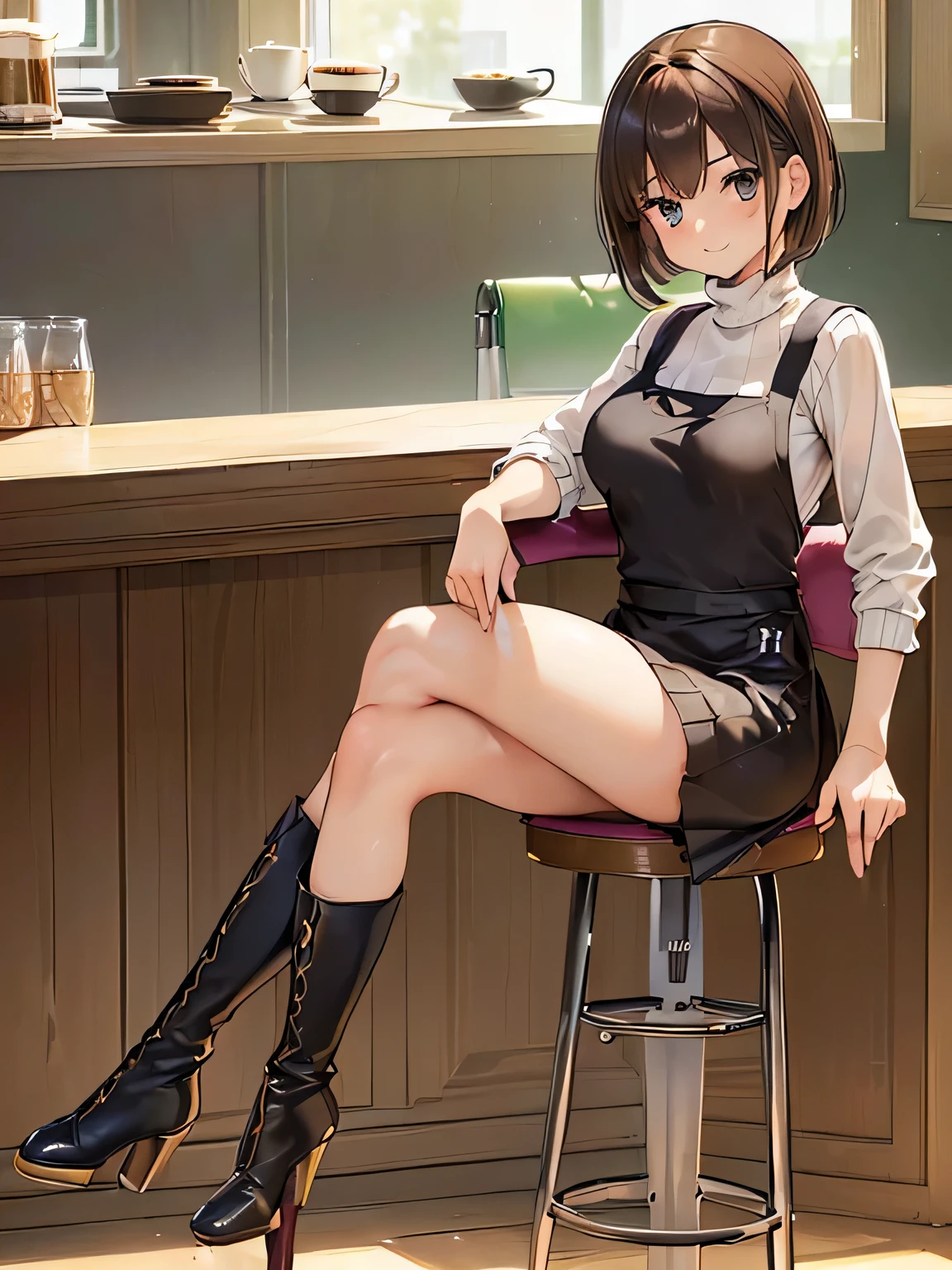 (1) there is one woman, She lifts up her skirt to show her beautiful bare legs and panties,
(2) she is standing, I would like you to draw a picture of the whole body with legs visible.,
(3) woman wears gray skirt suit, The skirt is mini length and has box pleats..、I am wearing a long sleeve V neck knit as an inner layer., I'M is wearing knee-length black boots.,
(4) The visible pants have a flashy pink pattern.,
(5) woman has short brown hair, shining eyes, A provocative grin,
(6) The place is a cafe restaurant..,
(7) highest quality, High resolution, realistic pictures, realistic skin,