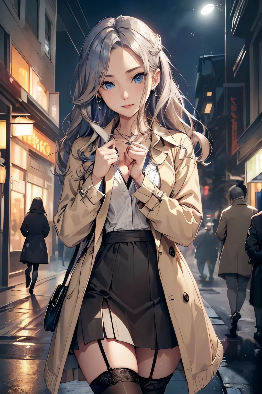 ((Biologically correct number of limbs))、(( Full body photo including face))、4K、masterpiece、((focus on the face))、((Symmetrical facial features))、Eyes of minute description、Beautiful woman、outstanding style、beautiful clavicle、beautiful legs、slender body、(small ass、thin thighs)、(black garter stockings、high heels)、Detailed depiction of faces、small earrings、necklace、high angle、(upper body cardigan、shirt、Lower body long skirt、trench coat)、walking down the street at night、close up of face、lighting to the face、smile、Natural form5This finger、silver hair、blue eyes、skin color is brown、turn one's face upward、