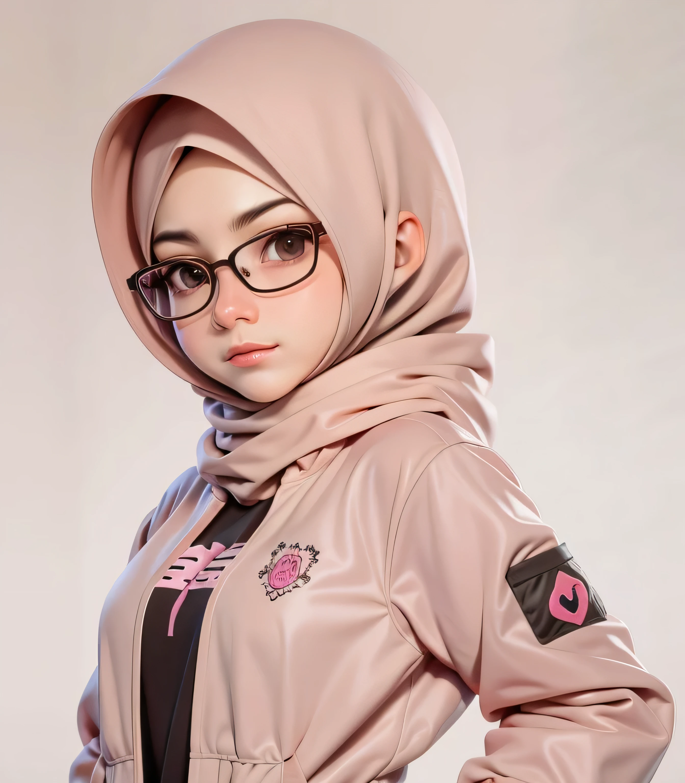 （tmasterpiece），（best qualtiy：1.0），（ultra high resolution：1.0），A detailed illustration，8K，There is a woman hijab in glasses and a pink jacket looking at the camera, Very detailed anime style，the soft light。Q version, Q version, Q version