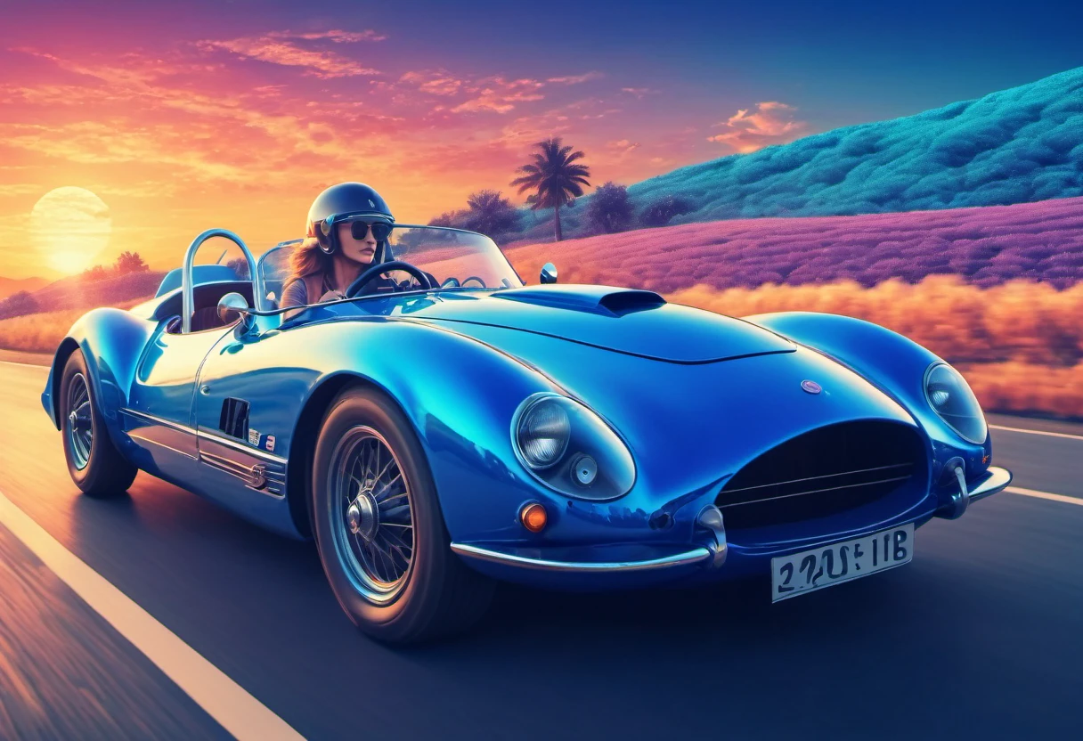 (best quality, highres), Marija,stunning and magical woman driving a mgical old racing car, magical sunset, vaporwave old school racing car, on the road, speed,  in blue tones, zentangle, 3d crunch, cinematic,