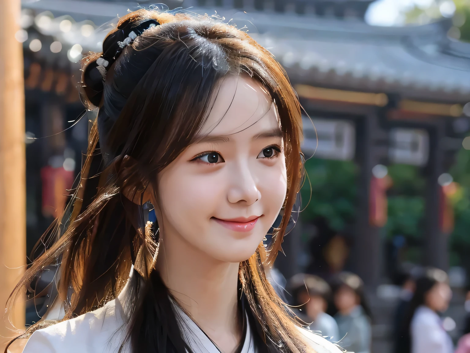 fuji xt3 raw photo, masterpiece, best quality, realistic, detailed, high quality, masterpiece, detail, perfect face, extremely detailed face, solo, close up. black color long hair with bun style, hair bang style, [smile at camera], wear black color hanbok, at chinese temple, blur background, soft light 1.8, light bloom, bokeh. middle age era