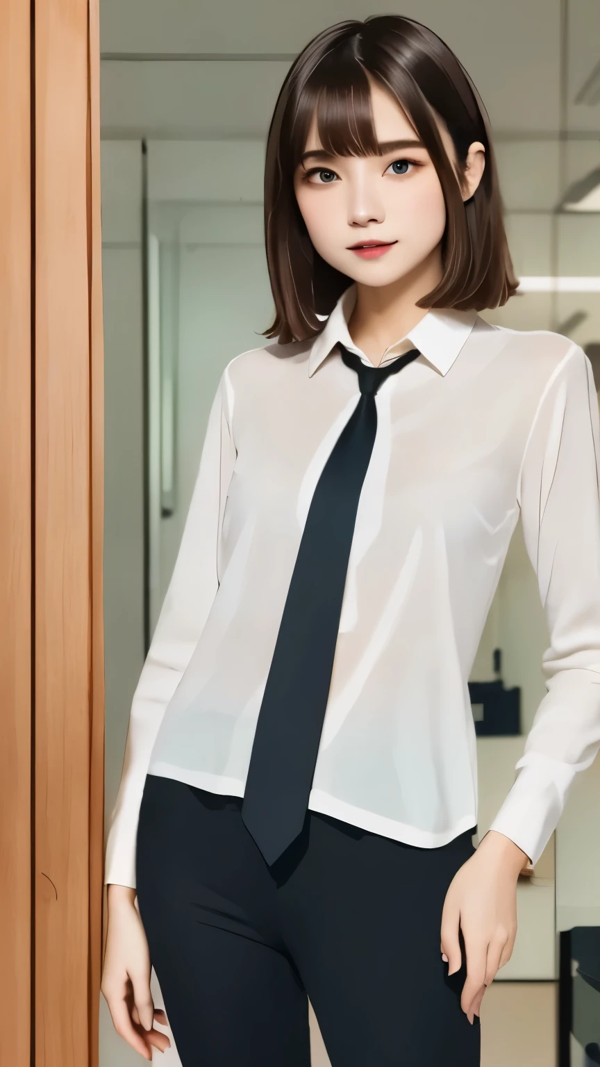 masterpiece, highest quality, Super detailed, shape, stunning lighting, cinematic composition, isometric, 1 girl, alone, cute, brown eyes, black hair, flowing bangs, single side lock, red hair clip, white collared shirt, black tie, black pants, formal, captivating gaze, seductive pose, indoors, office, door, opening door, looking at the viewer, show one'Upper body, blush, enchanting smile, closed mouth,(8K:1.1),