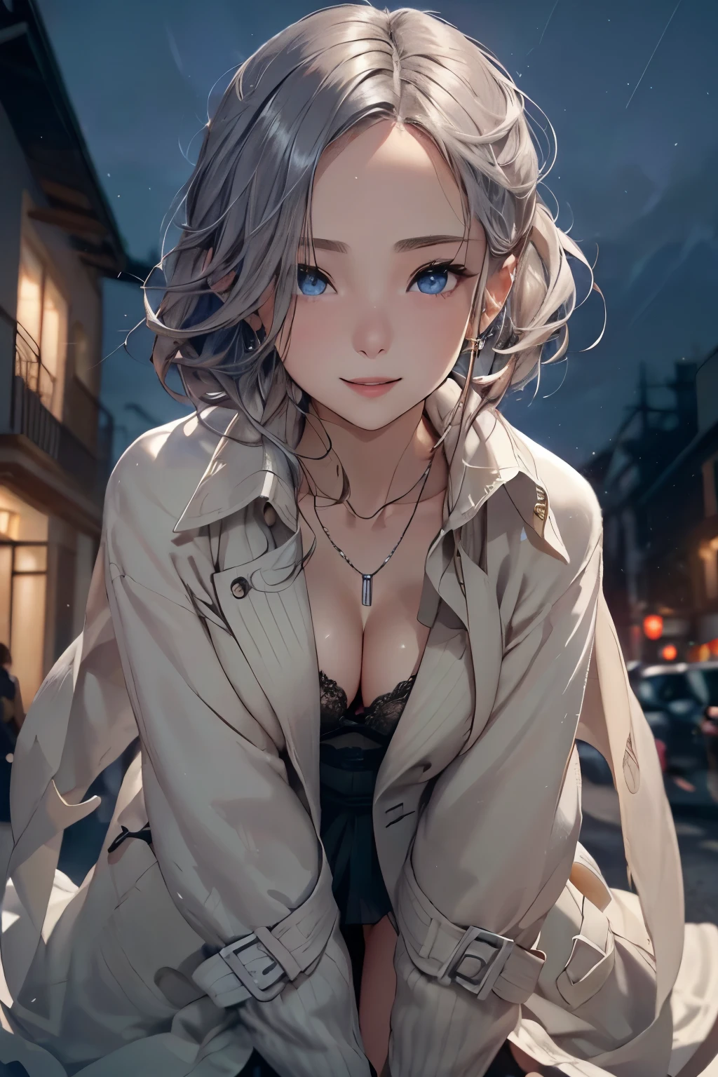 ((Biologically correct number of limbs))、(( Full body photo including face))、4K、masterpiece、((focus on the face))、((Symmetrical facial features))、Eyes of minute description、Beautiful woman、outstanding style、beautiful clavicle、beautiful legs、slender body、(small ass、thin thighs)、(black garter stockings、high heels)、Detailed depiction of faces、small earrings、necklace、high angle、(upper body cardigan、shirt、Lower body long skirt、trench coat)、walking down the street at night、close up of face、lighting to the face、smile、Natural form5This finger、silver hair、blue eyes、skin color is brown、turn one's face upward、