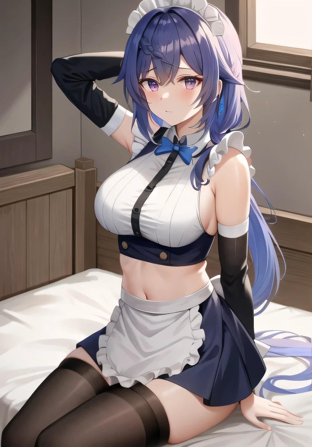 (masterpiece, best quality, super detailed), General Thunder \(Genshin Impact\), (#4143 color hair), double tail, long hair, braid, braided bangs, purple eyes,
(cafe maid outfit:1.2), Sitting on hotel bed, Embrace the beauty of nature, Sunlight, 1 leg black stockings。
big breasts, Thick thighs, critical angle,, Put your arms behind your head, Put your arms behind your back, armpit, faint smile, crop top, Strong and seductive expression,