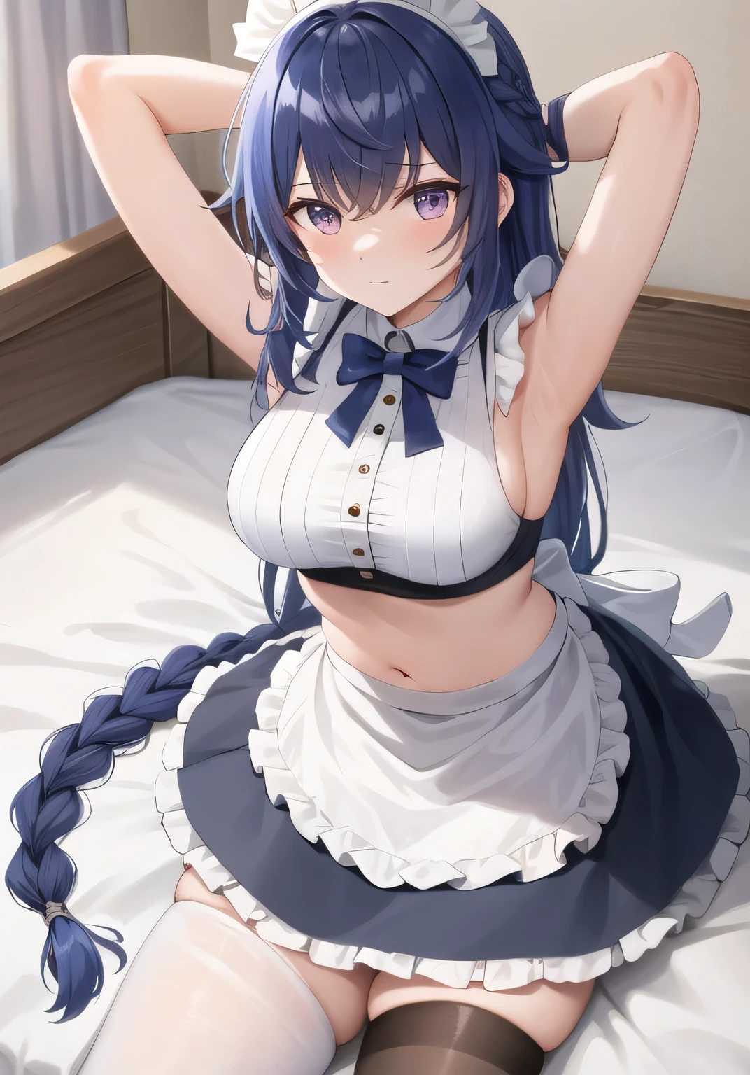 (masterpiece, best quality, super detailed), General Thunder \(Genshin Impact\), (dark blue hair), double tail, long hair, braid, braided bangs, purple eyes,
(Wearing maid outfit:1.2), Sitting on hotel bed, Embrace the beauty of nature, Sunlight, 1 leg black stockings,The other leg is wearing white stockings。
big breasts, Thick thighs, critical angle, cowboy shooting, Put your arms behind your head, Put your arms behind your back, armpit, faint smile, crop top, Strong and seductive expression,,
