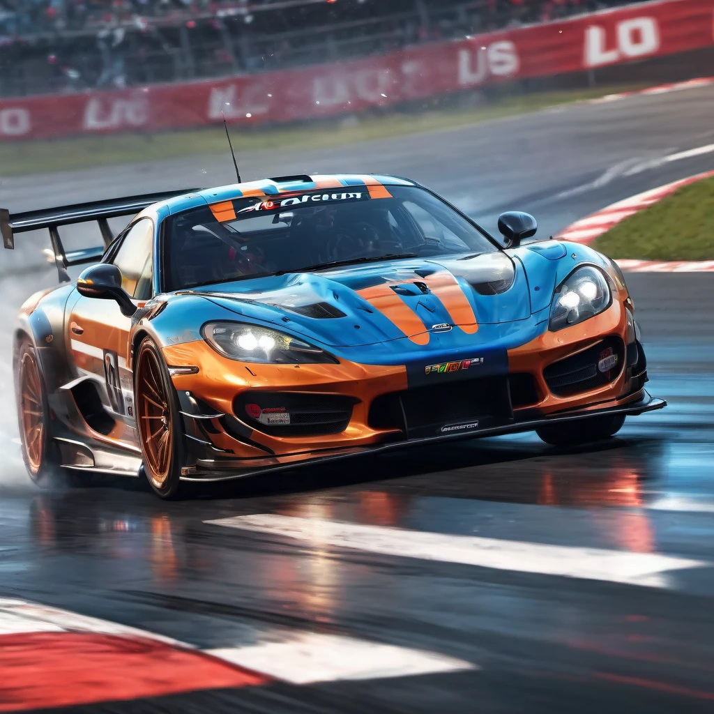 Racing Car, aesthetic, extremely detailed,(best quality,4k,8k,highres,masterpiece:1.2),ultra-detailed,(realistic,photorealistic,photo-realistic:1.37),fast-paced,racing car,vibrant colors,screeching tires,blurred motion,exciting race,adrenaline rush,dynamic composition,shiny metallic body,extreme speed,high-performance engine,detailed interior,carbon fiber chassis,wide racing tires,aerodynamic design,fierce competition,race track,spectators cheering,loud engine roars,driver in racing suit,steering wheel,checkered flag,winner's trophy,smoke from burning tires,high-speed action,thrilling overtakes,dramatic lighting,high-octane atmosphere,sparkling reflections,racing helmet and goggles,skilled drivers,breathtaking moments,fast and furious,explosive start,precision driving,slick racing livery