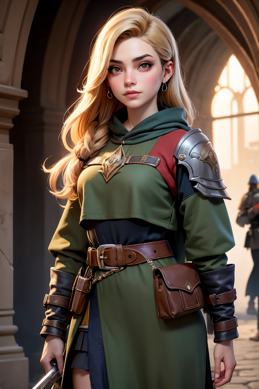 Mujer joven, soldado, guardia de la ciudad, pelos oscuros, high fantasy style, estilo medieval