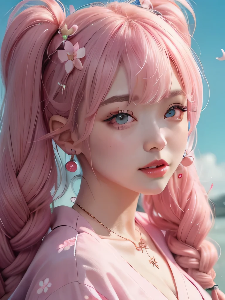 she is the cherry blossom spirit、pink eyes、pink hair、close up of face、pink eyebrows、pink teeth、pink fang、big ears、cherry blossom hair ornament、cherry blossom necklace、Cherry earrings、beautiful clavicle、twin tails、deep pink eyes、pink kimono showing collarbone、cherry blossom fairy、wing、cherry blossom background、blue sky background、red eyes、Cherry Headband、she is a pink fairy、妖精のwing根、Braid