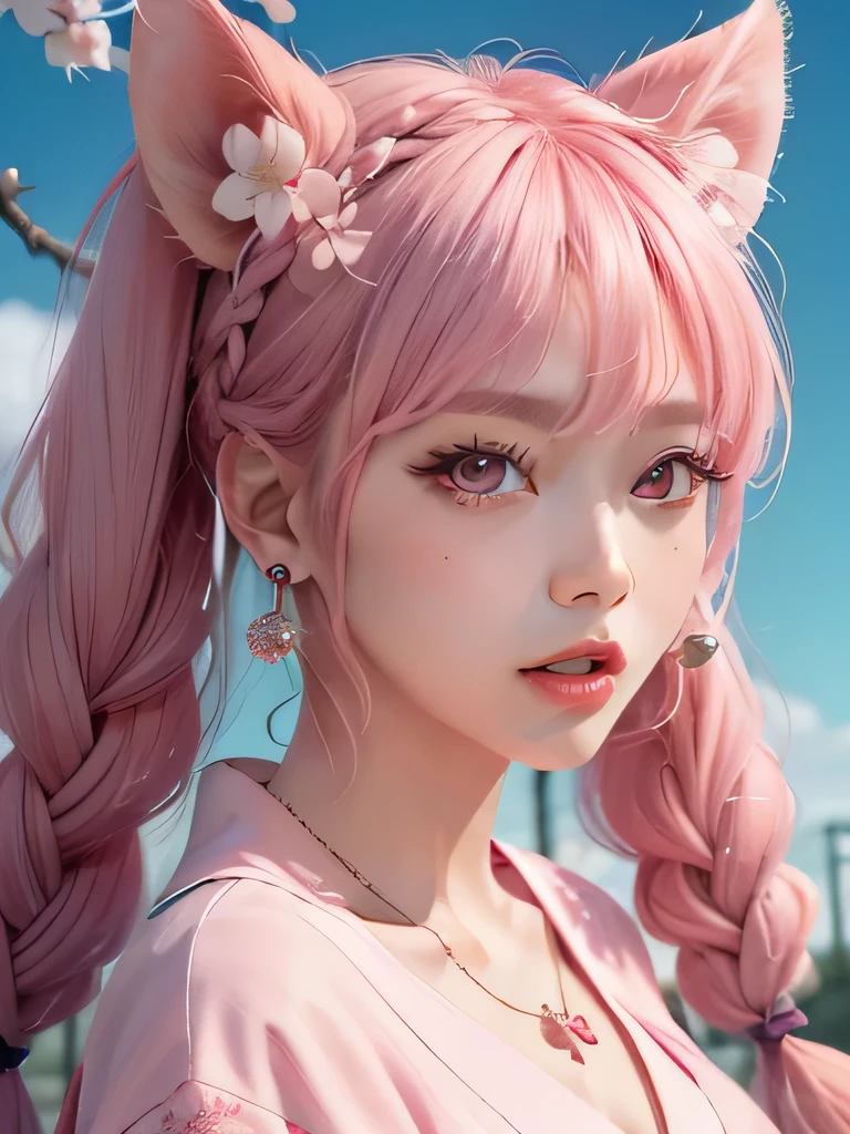 she is the cherry blossom spirit、pink eyes、pink hair、close up of face、pink eyebrows、pink teeth、pink fang、big ears、cherry blossom hair ornament、cherry blossom necklace、Cherry earrings、beautiful clavicle、twin tails、deep pink eyes、pink kimono showing collarbone、cherry blossom fairy、wing、cherry blossom background、blue sky background、red eyes、Cherry Headband、she is a pink fairy、妖精のwing根、Braid