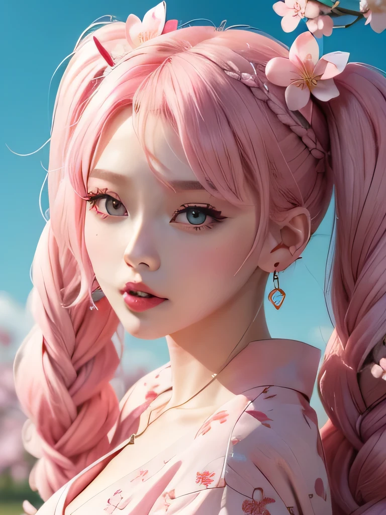 she is the cherry blossom spirit、pink eyes、pink hair、close up of face、pink eyebrows、pink teeth、pink fang、big ears、cherry blossom hair ornament、cherry blossom necklace、Cherry earrings、beautiful clavicle、twin tails、deep pink eyes、pink kimono showing collarbone、cherry blossom fairy、wing、cherry blossom background、blue sky background、red eyes、Cherry Headband、she is a pink fairy、妖精のwing根、Braid