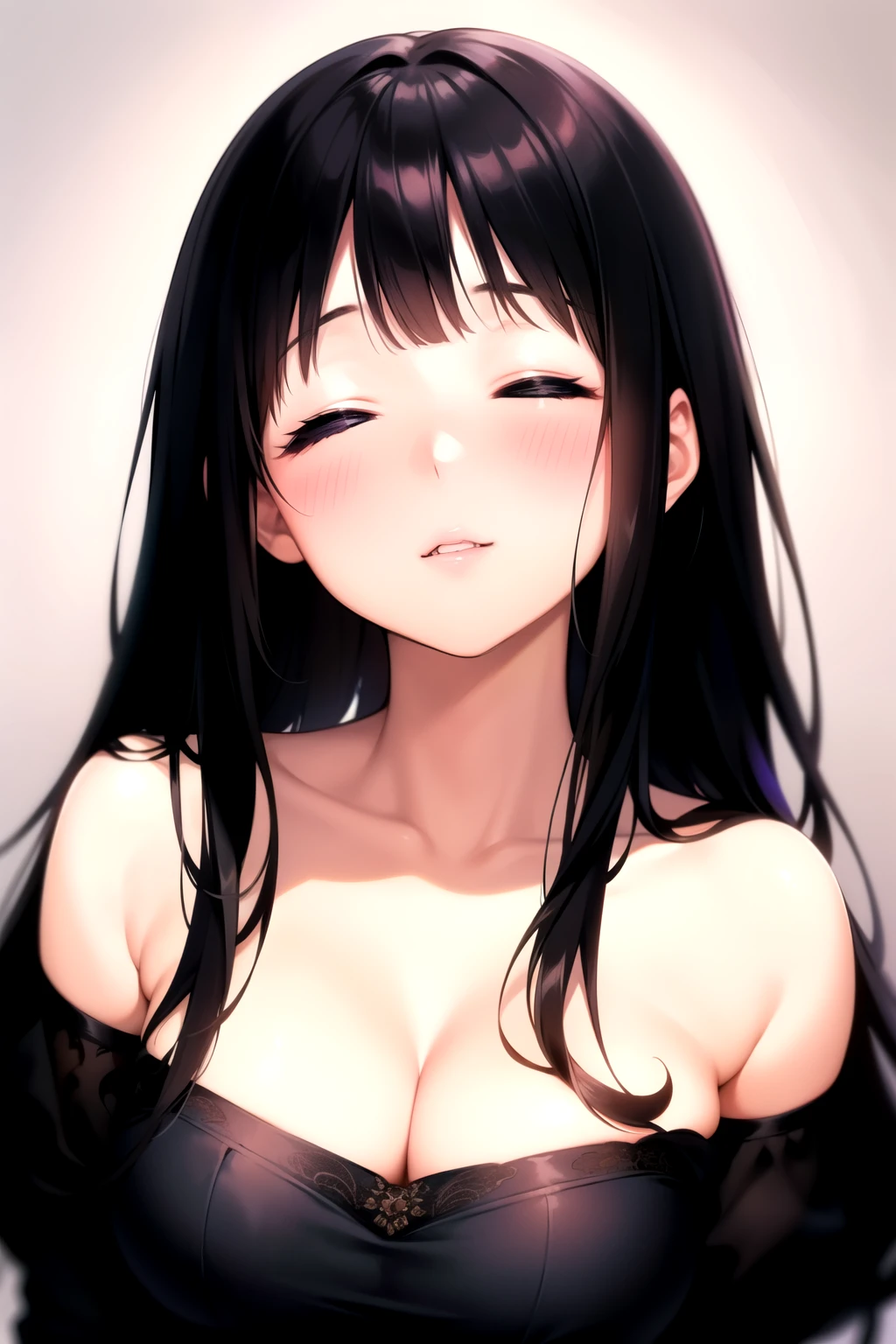 (A superb exquisite Chitanda Eru), (adult face), solo, intricate details, (finely detailed beautiful eyes: 1.2), purple eyes, long black hair, natural straight hair, straight bangs, solo, [Small_breasts: large_breasts: 0.5], normal breasts, extremely delicate, peerless beautiful girl, dreamy quality, exaggerated facial features, solid color, delicate face, bright lips, slender waist, straight curves, super fine, [8K full HD], (masterpiece:1.4), (((blush, laught, closed eyes, portrait)))
