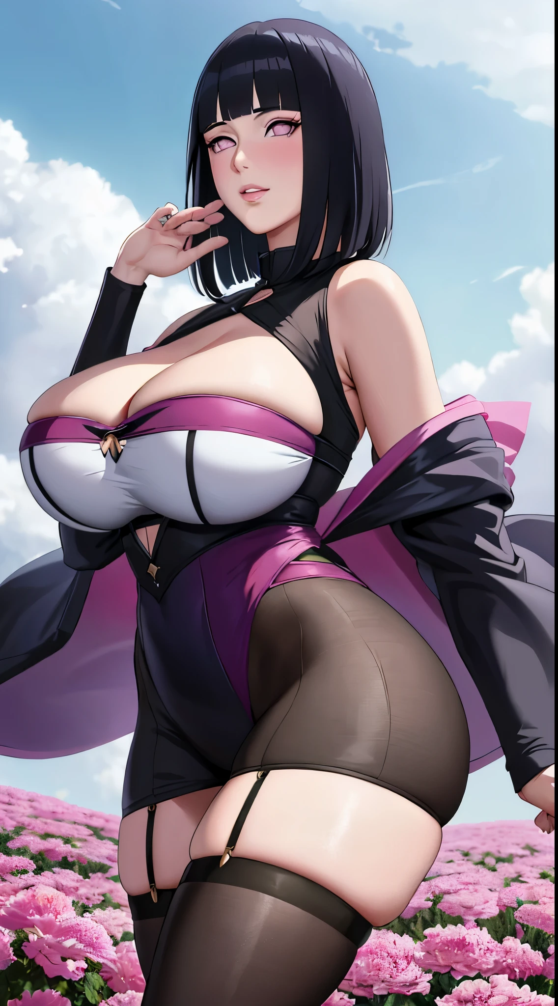 masterpiece, absurdres, hinata\(boruto\), 1girl, solo,mature female, sexy outfits, huge ass, outdoors, flower field, thigh high, cloudy sky, perfect composition, detailed lips, huge breast, cleavage,beautiful face, body propotion, blush, (pink lips), long hair,  purple eyes,  soft gaze, sad smile,  super realistic, detailed, photoshoot, realistic face and body,  realistic hair, realistic eyes, realistic nose, realistic lips, black hair, short hair, detailed hand and legs, detailed eyes