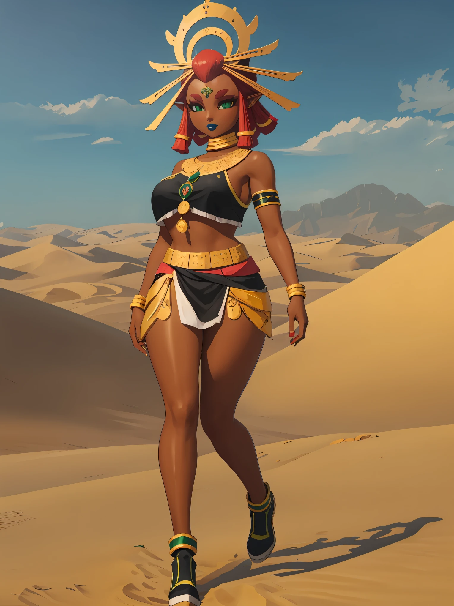 Big breasts, green eyes, dark blue lips, walk for desert, full body, Riju