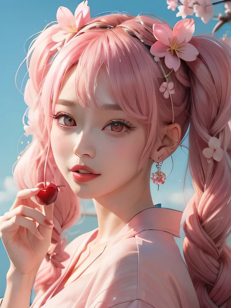 she is the cherry blossom spirit、pink eyes、pink hair、close up of face、pink eyebrows、pink teeth、pink fang、big ears、cherry blossom hair ornament、cherry blossom necklace、Cherry earrings、beautiful clavicle、twin tails、deep pink eyes、pink kimono showing collarbone、cherry blossom fairy、wing、cherry blossom background、blue sky background、red eyes、Cherry Headband、she is a pink fairy、妖精のwing根、Braid