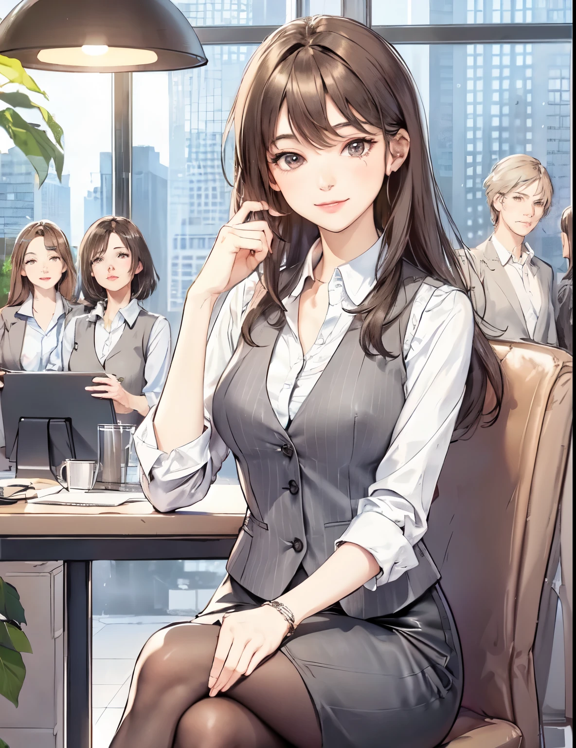 1 sitting woman (crossed legs), company employee (stylish clothes), (gray vest) (pencil skirt), mature woman, /(dark brown hair/) bangs, A gentle smile with a blush, (Masterpiece of the highest quality:1.2) Delicate illustrations super detailed, big breasts, Pantyhose BREAK (indoor modern office), window streetscape, detailed background