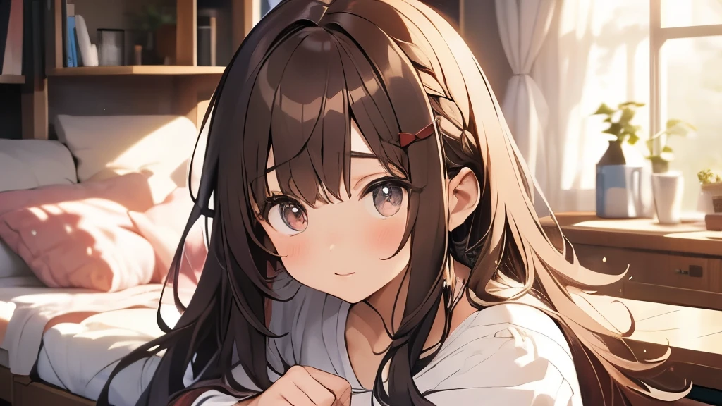 22 year old woman、one's home、hair is brown、long hair、fluffy feeling、chest is big、face is red、fidgeting