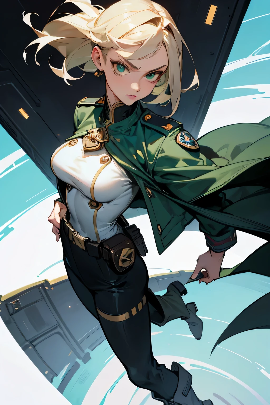 ((Masterpiece)), ((Highest Quality)), ((Best Quality)), (Illustration of One Girl), Full Body, 25 Years Old, Neutral, Blonde, (Short Hair), Green Eyes, (((Tall)), (Muscular Strong Body)), ((Muscular Strong Body)), ((Muscular Strong Body)), (Military Uniform)), (Military Uniform)), ((Military Hat)), (White Clothes), (White Pants), (White Hat), Trench Coat, ((Inside the Spaceship)), (Outside the Window, space, Earth seen from space, spaceport)