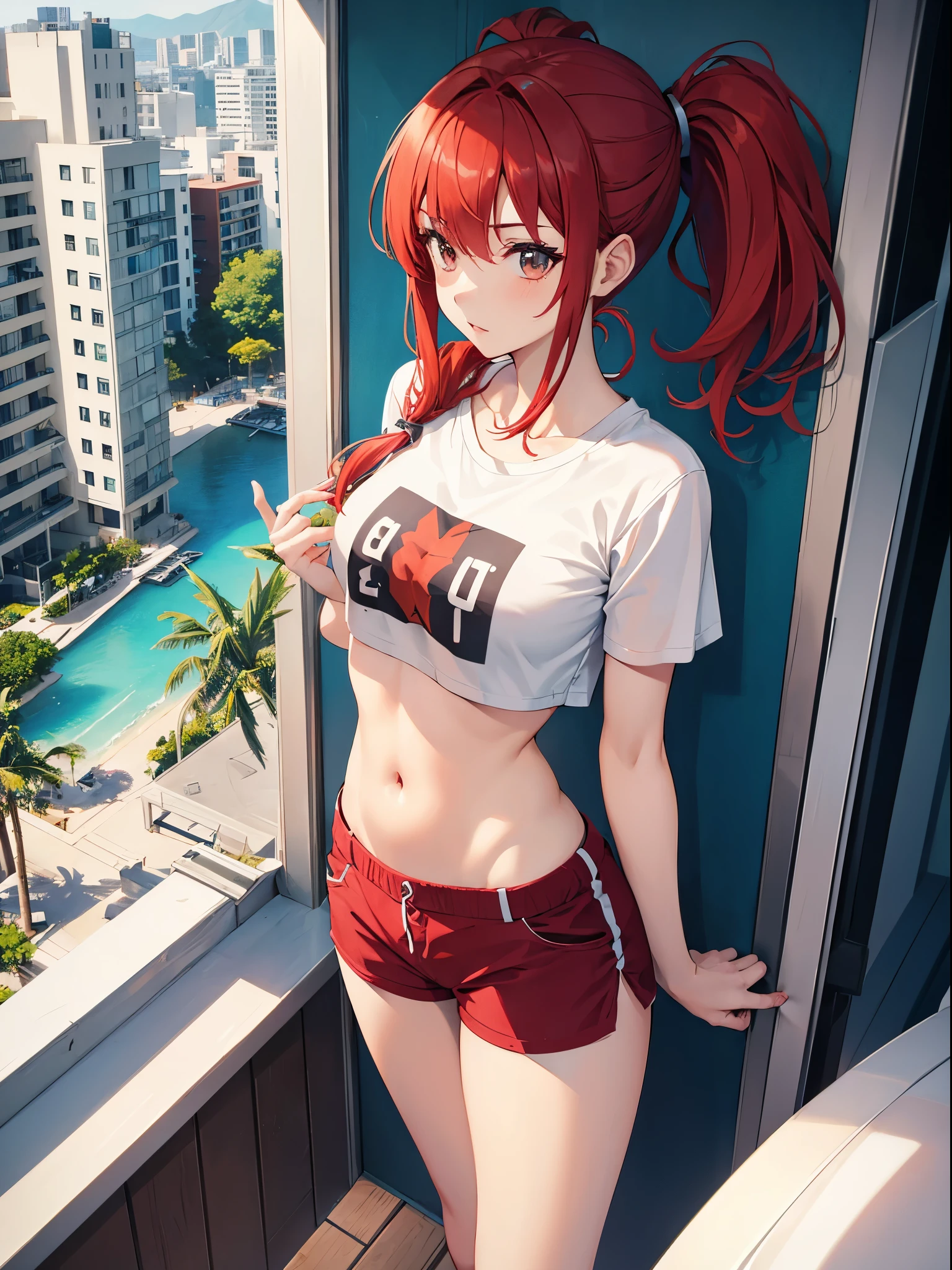 Girl with red hair; makes a ponytail; open chest and belly; short shorts and a t-shirt; hotel; view from above