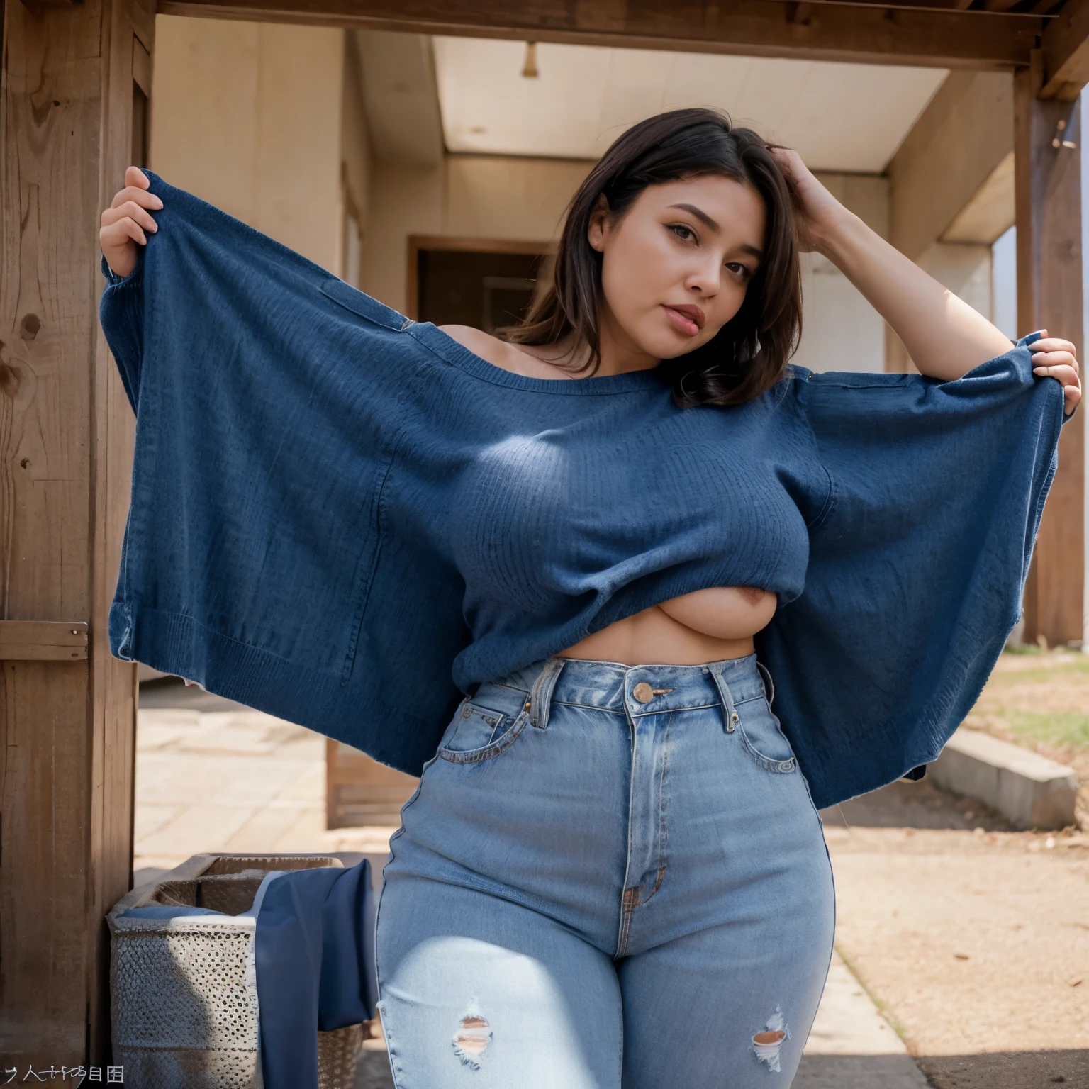 A middle-aged woman with a curvy figure wore a loose sweater and jeans with holes in the bottom. (Ahegao) (Cockold) (Blush) (Nsfw) (Sexy) (rough) (solo)