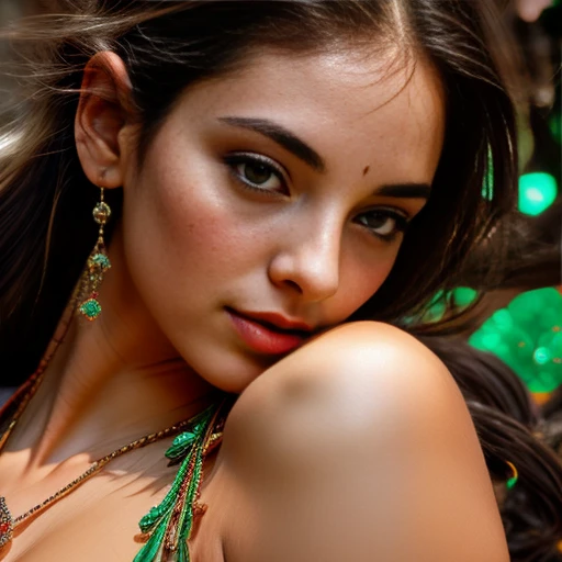 (best quality, ultra-detailed), (realistic: 1.37), HDR, physically based rendering, vivid colors, bokeh, studio lighting, portraits, psychological, 1 woman with emerald on her forehead, erotic, intimate, intense, passionate , subtle, playful, sensual, love, seductive, harmony, natural beauty, graceful, expressive bodies, soft skin, soft touch, seductive eyes, flowing hair, beautiful lips, feminine charm, delicate features, EXPlicit nudity, mysterious atmosphere, authentic emotions , colorful palette, romantic vibes, goddess-like presence, artistic composition, provocative, youthful, uninhibited energy, tangled limbs, tight embrace, whispered secrets, desire, eroticism, dancing flames of desire, untamed passion