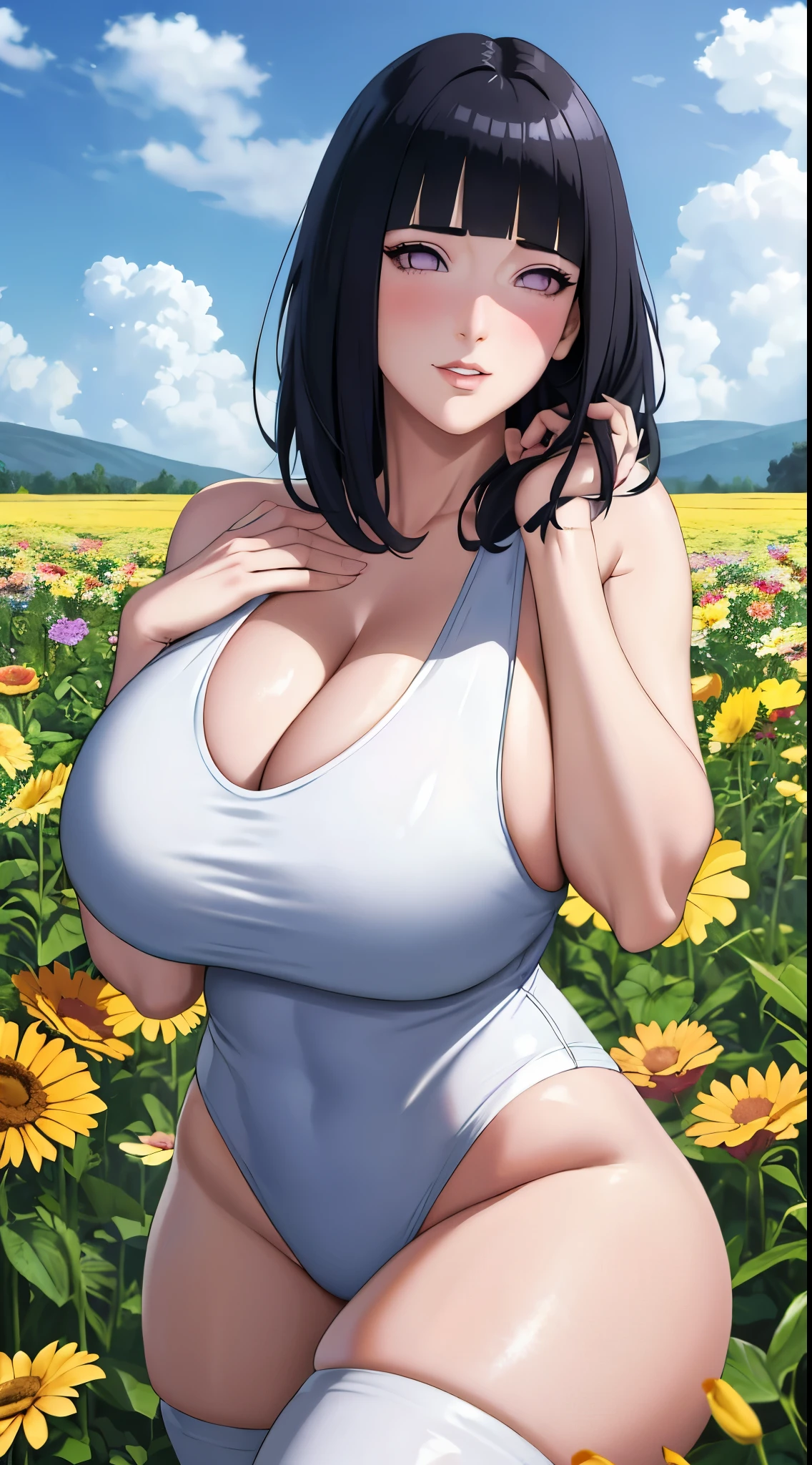 masterpiece, absurdres, hinata\(boruto\), 1girl, solo,mature female, mummy, huge ass, outdoors, flower field, thigh high, cloudy sky, perfect composition, detailed lips, huge breast, cleavage,beautiful face, body propotion, blush, (pink lips), long hair, purple eyes, soft gaze, sad smile, super realistic, detailed, photoshoot, realistic face and body, realistic hair, realistic eyes, realistic nose, realistic lips, black hair, short hair, detailed hand and legs, detailed eyes
