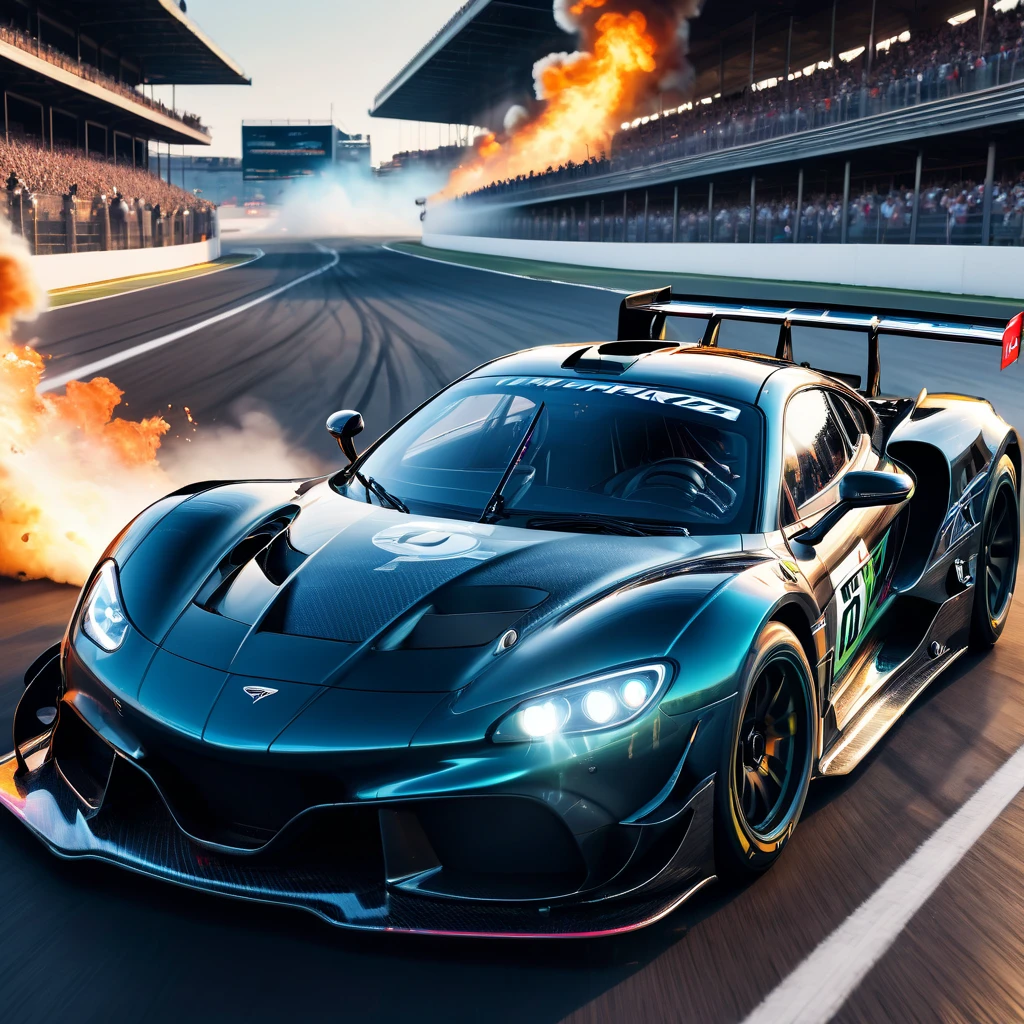 Racing Car, aesthetic, extremely detailed,(best quality,4k,8k,highres,masterpiece:1.2),ultra-detailed,(realistic,photorealistic,photo-realistic:1.37),fast-paced,racing car,vibrant colors,screeching tires,blurred motion,exciting race,adrenaline rush,dynamic composition,shiny metallic body,extreme speed,high-performance engine,detailed interior,carbon fiber chassis,wide racing tires,aerodynamic design,fierce competition,race track,spectators cheering,loud engine roars,driver in racing suit,steering wheel,checkered flag,winner's trophy,smoke from burning tires,high-speed action,thrilling overtakes,dramatic lighting,high-octane atmosphere,sparkling reflections,racing helmet and goggles,skilled drivers,breathtaking moments,fast and furious,explosive start,precision driving,slick racing livery