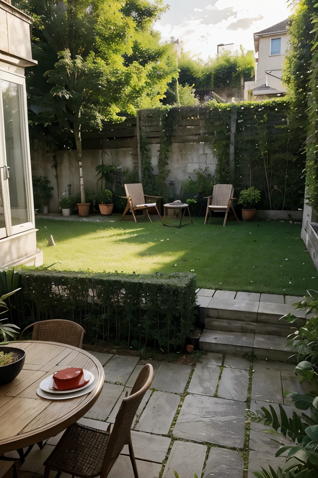 Imagine an elegantly landscaped garden and a spacious terrace, avant et après une transformation visant à augmenter leur attrait pour les acheteurs potentiels. Avant, le jardin est négligé, avec des herbes hautes et des plantes envahissantes, donnant une impression de jungle abandonnée. The terrace is cluttered with various objects, laissant peu d'espace libre et rendant difficile l'appréciation de sa taille réelle. Après transformation, le jardin est propre et bien entretenu, with areas clearly defined by bamboo borders, creating a welcoming atmosphere. The terrace is clear, retaining only an elegant table and a few chairs, thus showing the available space in an attractive way. The image should capture the stark contrast between the neglected &#39;before&#39; and the carefully designed &#39;after&#39;, mettant en lumière les simples modifications qui peuvent transformer radicalement ces espaces extérieurs.
