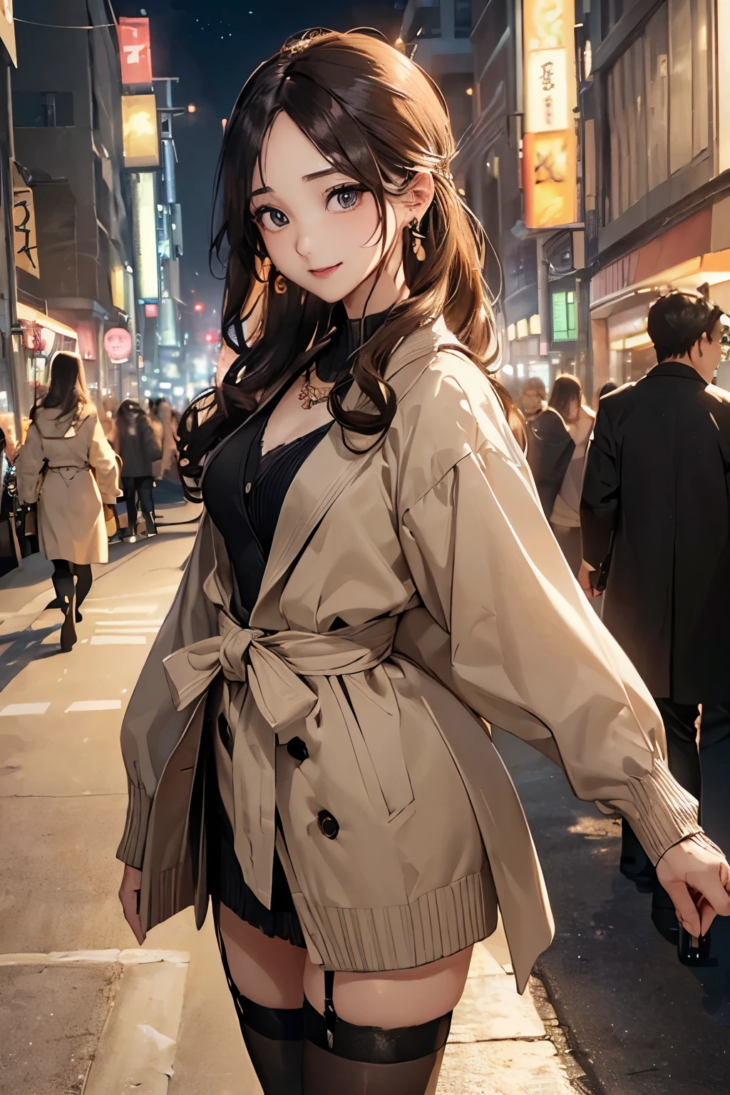((Biologically correct number of limbs))、(( Full body photo including face))、4K、masterpiece、((focus on the face))、((Symmetrical facial features))、Eyes of minute description、Beautiful woman、outstanding style、beautiful clavicle、beautiful legs、slender body、(small ass、thin thighs）、(black garter stockings、high heels）、Detailed depiction of faces、small earrings、necklace、high angle、(upper body cardigan、shirt、Lower body long skirt、trench coat）、walking down the street at night、close up of face、lighting to the face、smile、Natural form５This finger、skin color is brown、turn one&#39;s face upward、hands down、