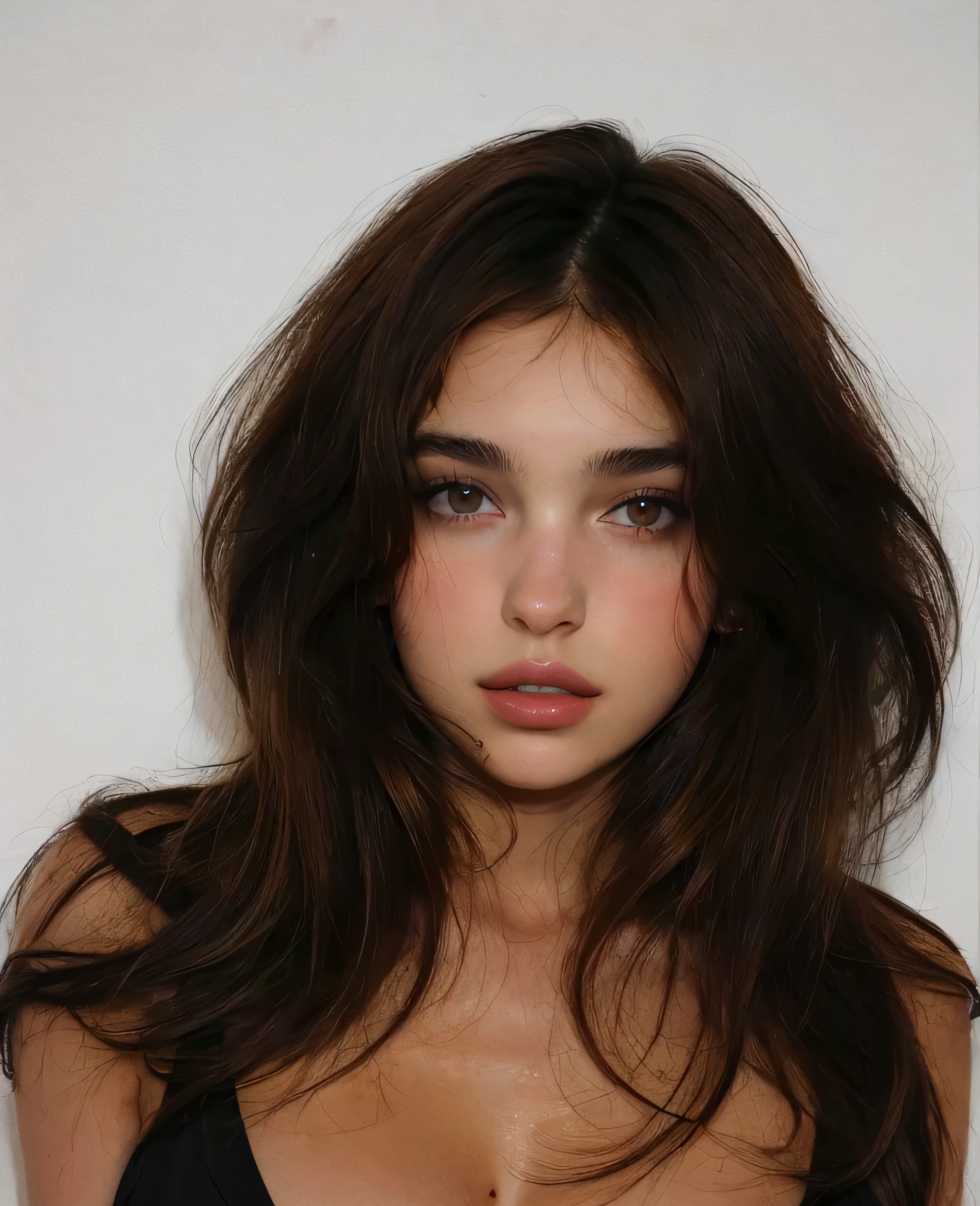 mulher arafa com longos cabelos escuros e blusa preta, Retrato de Sophie Mudd, sem maquiagem cabelos ondulados, messy brown hair, dua lipa, her hair is naturally disheveled, julia sarda,  com cabelo castanho escuro, shoulder length messy dark hair, rosto extremamente lindo, retrato de garota de cerveja madison, Beautiful thin facial features, messy brown hair
