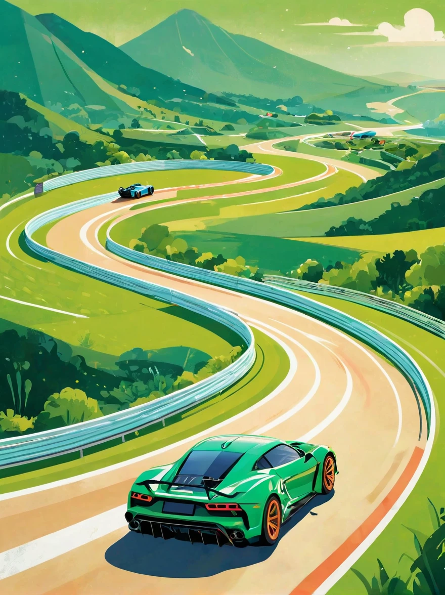 ((Long shot:1.8)), (masterpiece, best quality:1.2), (Flat vector:1.3)，Artistic concept illustration，minimalist style，simple，1 girl，((Racing track with green tones on the head、Hair decorated with racing track and sports car elements，Fantasy illustration of racing car speeding on a curved track，Evoke the allure of captivating racing scenery))