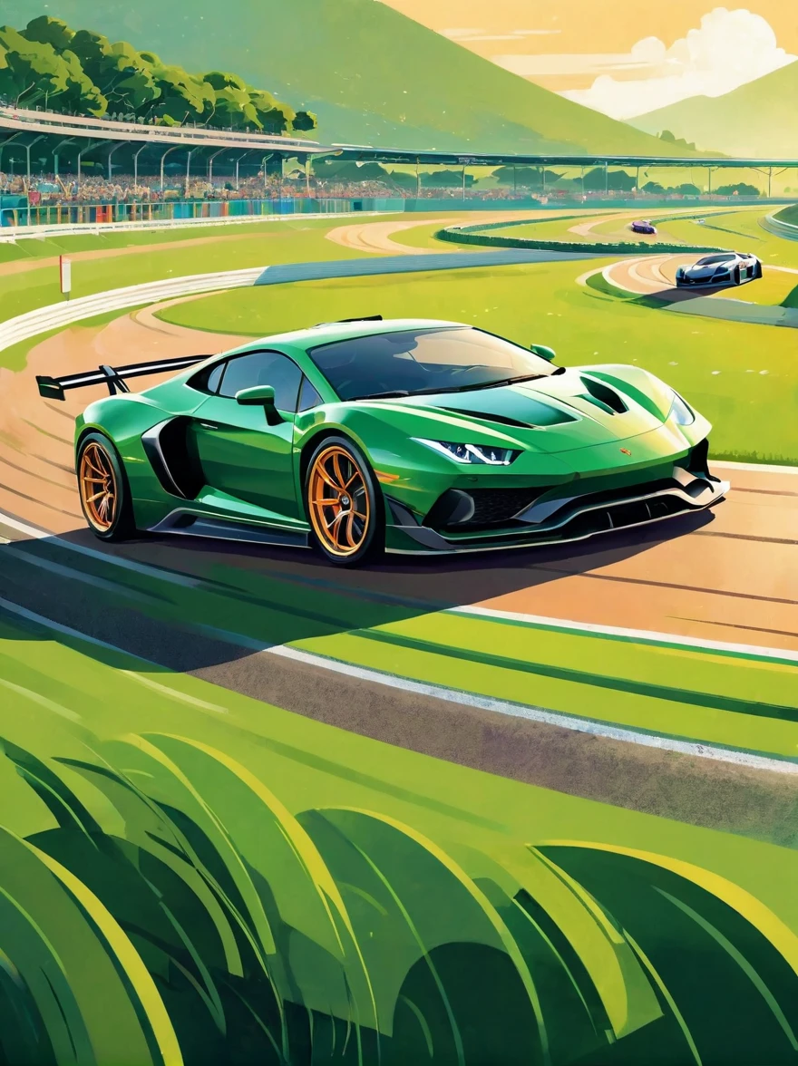 ((Long shot:1.8)), (masterpiece, best quality:1.2), (Flat vector:1.3),Artistic concept illustration,minimalist style,simple,1 girl,((Racing track with green tones on the head、Hair decorated with racing track and sports car elements,Fantasy illustration of racing car speeding on a curved track,Evoke the allure of captivating racing scenery))