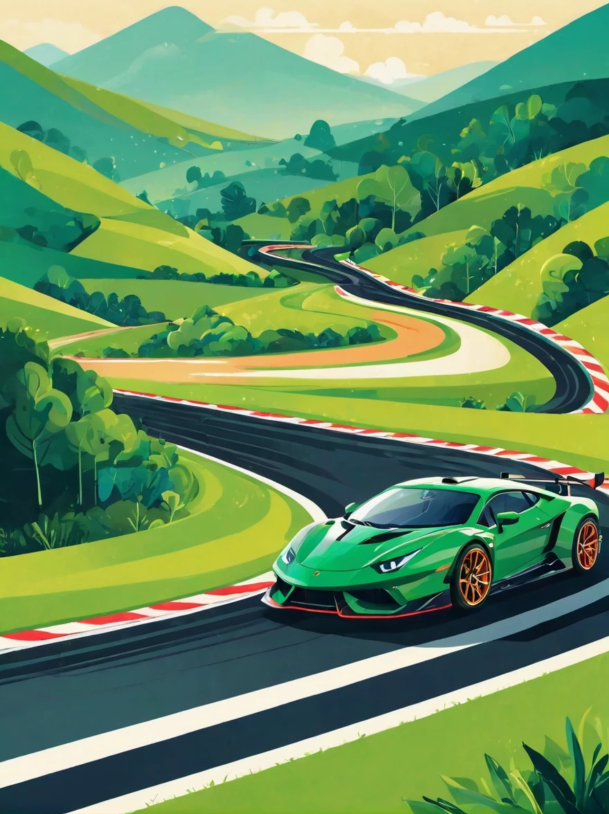 ((Long shot:1.8)), (masterpiece, best quality:1.2), (Flat vector:1.3),Artistic concept illustration,minimalist style,simple,1 girl,((Racing track with green tones on the head、Hair decorated with racing track and sports car elements,Fantasy illustration of racing car speeding on a curved track,Evoke the allure of captivating racing scenery))