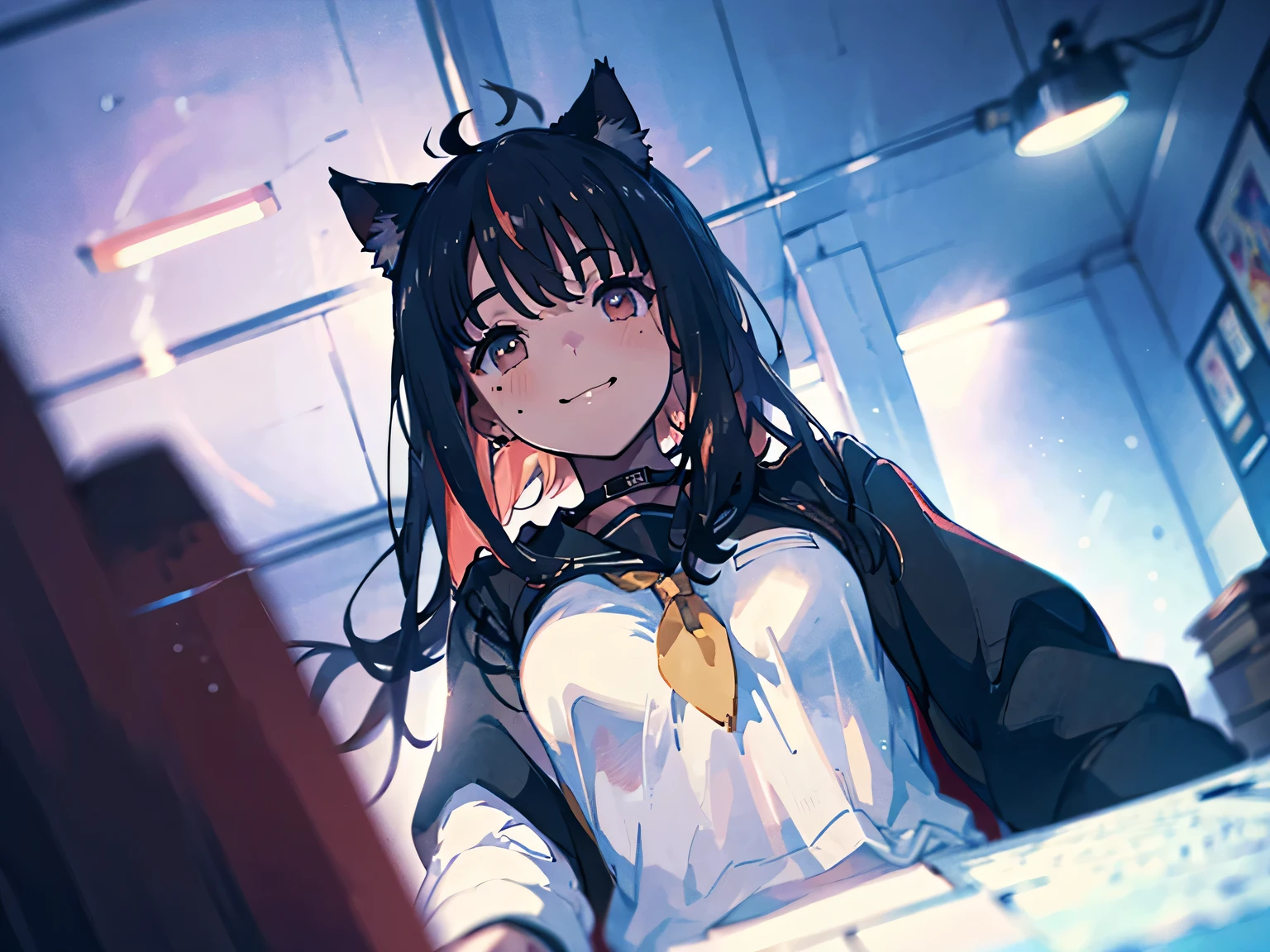 Hairball, Vins, Long eyelashes, solid round eyes, fake animal ears, light Smile, red ears, direction, striped hair, hair between eyes, Hair piece, tie hair, 眼睛下direction有痣, colorful eyes, cat ears, Smile, light blush, Surrealism, shadow, relief, Stereo view, vertical painting, View, atmospheric perspective, anime style, depth of field, expected insert, from below, super wide angle, 8K, Super details, precise, best quality, retina, ultra high definition, anatomically correct