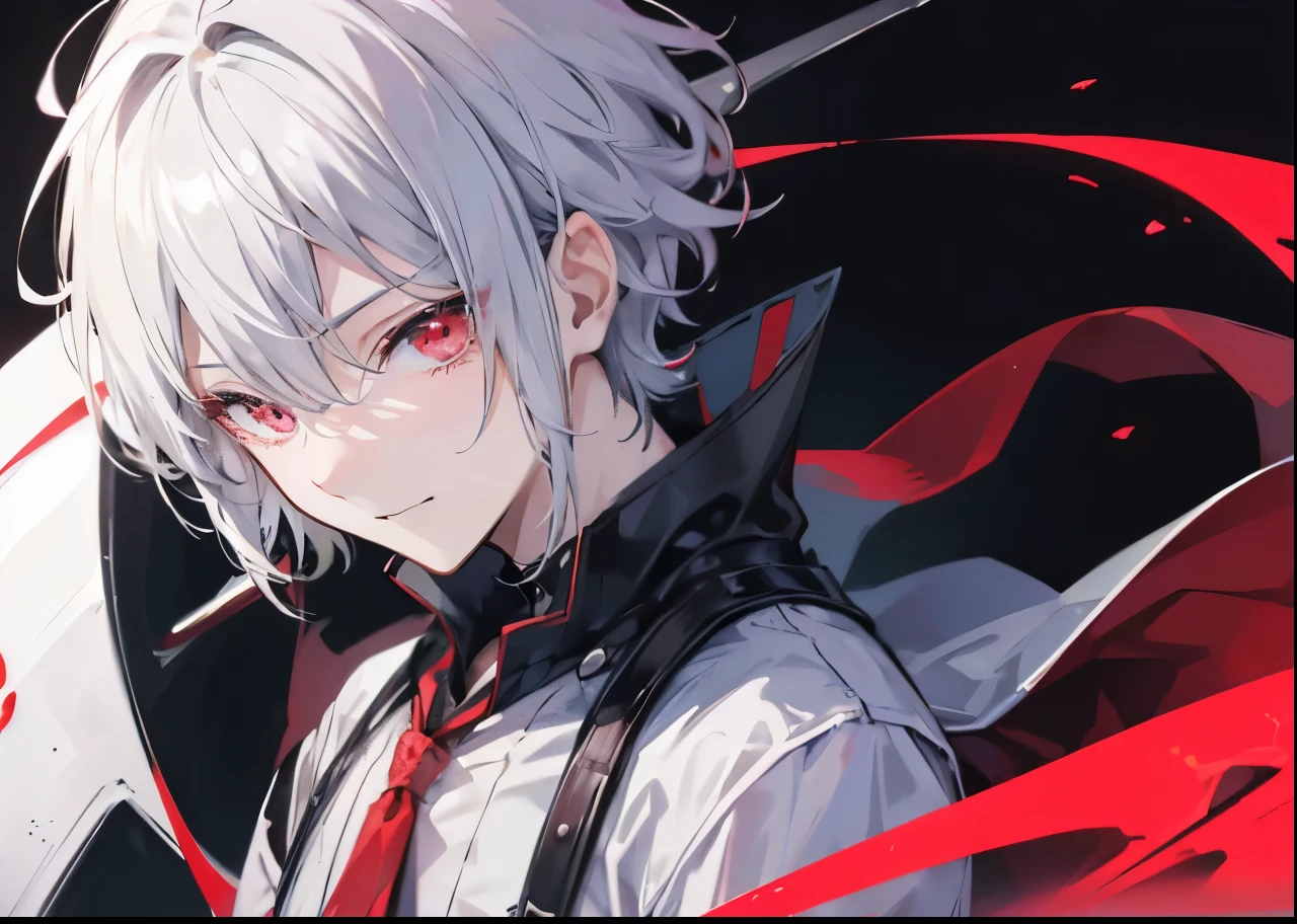 High resolution, 2D anime style,,cool men,short hair,silver hair,red eyes,Dark Fashion,he is smiling a little,