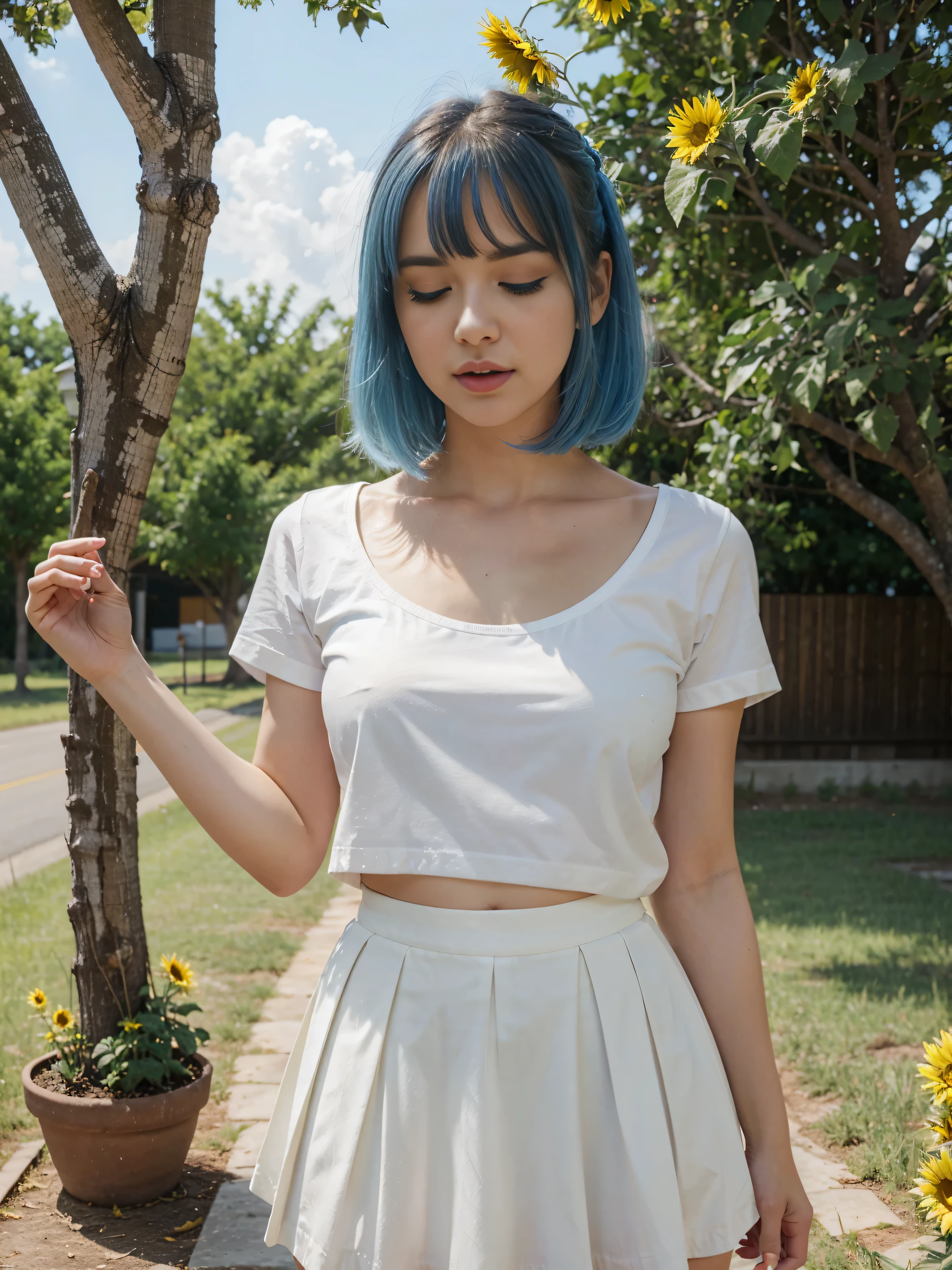 (masterpiece), best quality, perfect face,1girl, outdoors, solo, white_shirt, blue_hair, shirt, day, short_sleeves, flower, bangs, sky, tree, skirt, hair_between_eyes, blue_sky, yellow_flower, collarbone, chibi, facing_viewer, cloud, outstretched_arm, sunflower, pleated_skirt, naughty face, tongue out, blush, one eye closed