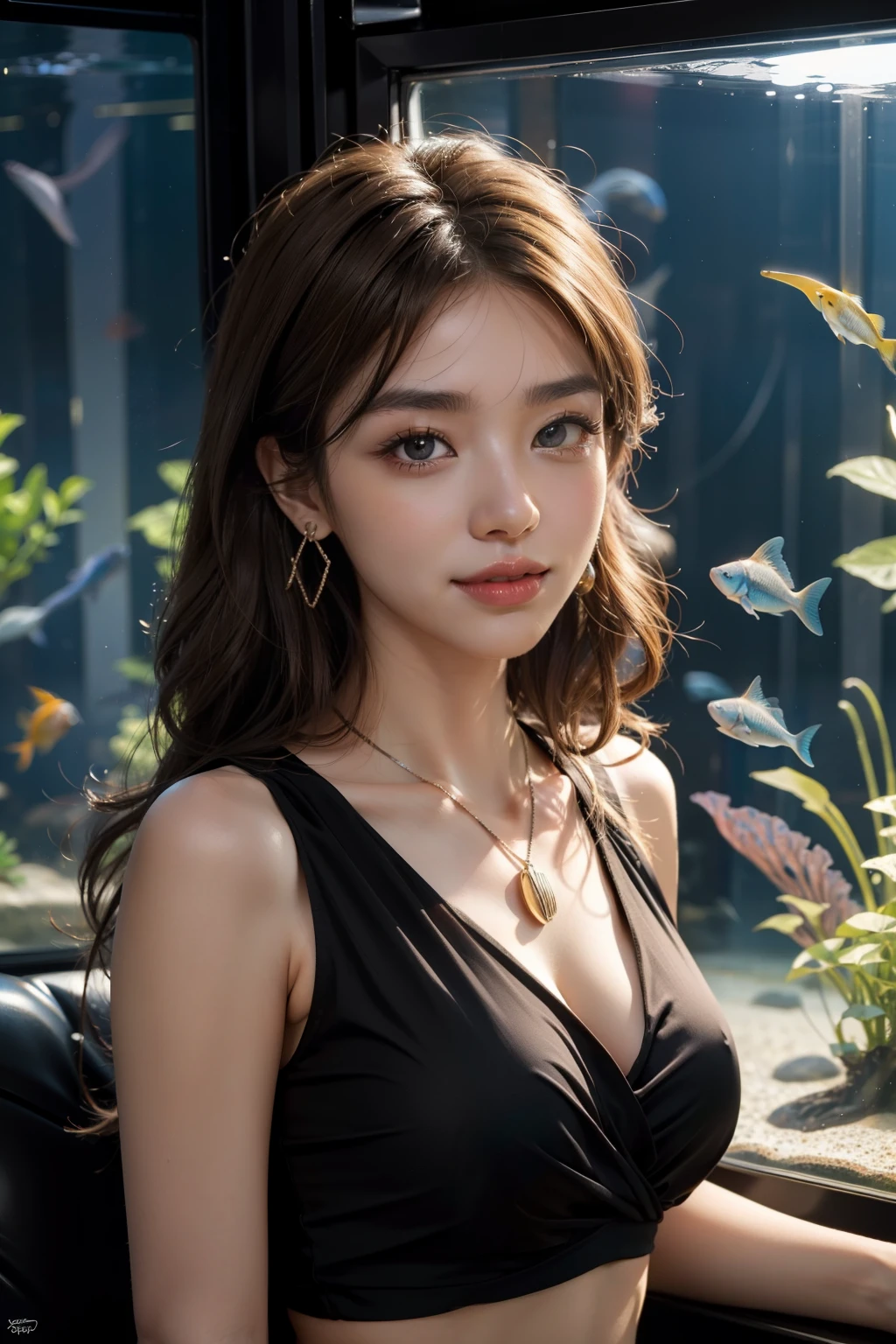 (HighestQuality, 8K,32k,masterpiece, UHD:1.2),Highly detailed CG Unity 8K wallpaper,intricate details,Raw photo,(realistic:1.4),atmosphere,ultra high resolution,genuineistic,genuine,Huge_file size,incredibly absurd,(in the center:1.3),ultra illustration,(Super detailed),dramatic lighting,different colors,written boundary depth,art：Krenz Kushart,golden hour lighting,Photographed with Canon EOS,SIGMA art lens 35mm F1.4,ISO200 Shutter speed 2000,blurred background,
break,
1 girl,(smile:1.4),because I&#39;thin,(Straight long hair with see-through bangs,:1.4),alone,16years old Japanese beauty, (aquarium,light purple blouse:1.5),(light brown hair:1.5),((brown eyes)),largechest,chest, Soft white skin that shines in every detail,pale skin,very beautiful face,very well-shaped face,natural and realistic face,Highest,fine and beautiful eyes,impressive, Big eyes,fine eyes, smile, smile with your mouth closed, detailed mouth,lip details,glossy beautiful lips,glossy lips,simple earrings,necklace,jewelry, alone focus,low neckline,
break,
light from the front,nice,Are standing,sensual expression,sunshine, break,
(Dutchangle:1.4),looking at the viewer,
break,Tzuyu,Yui Aragaki,