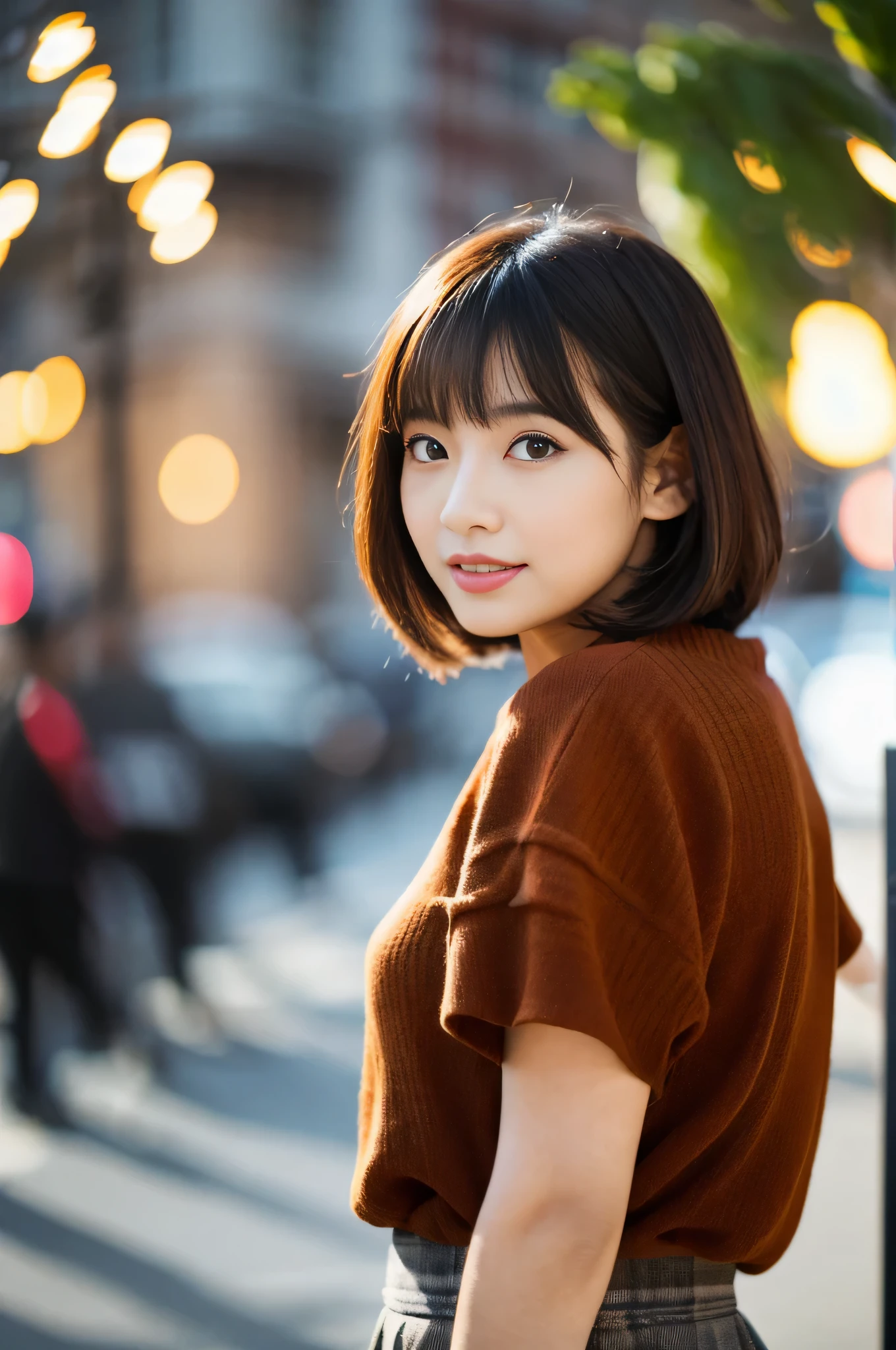 highest quality,masterpiece,32k,Depth of the bounds written、blur background、50mm,F1.4,professional lighting,cinematic lighting,full body,thin,きれいなDay本人女性,25 year old girl,Are standing,city,Wind,Day,short hair,light brown hair,blouse,skirt,shy,