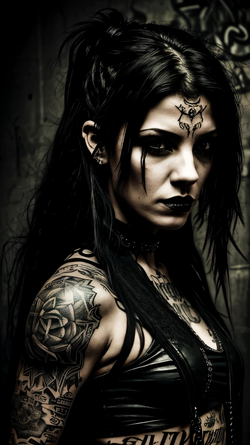 Portrait of a female rocker, expressive eyes, tattoos, attitude, sultry, pictorialism, dystopian, grim dark, goth, chiaroscuro, contrast, surrealism, gritty background, , grunge, graffiti