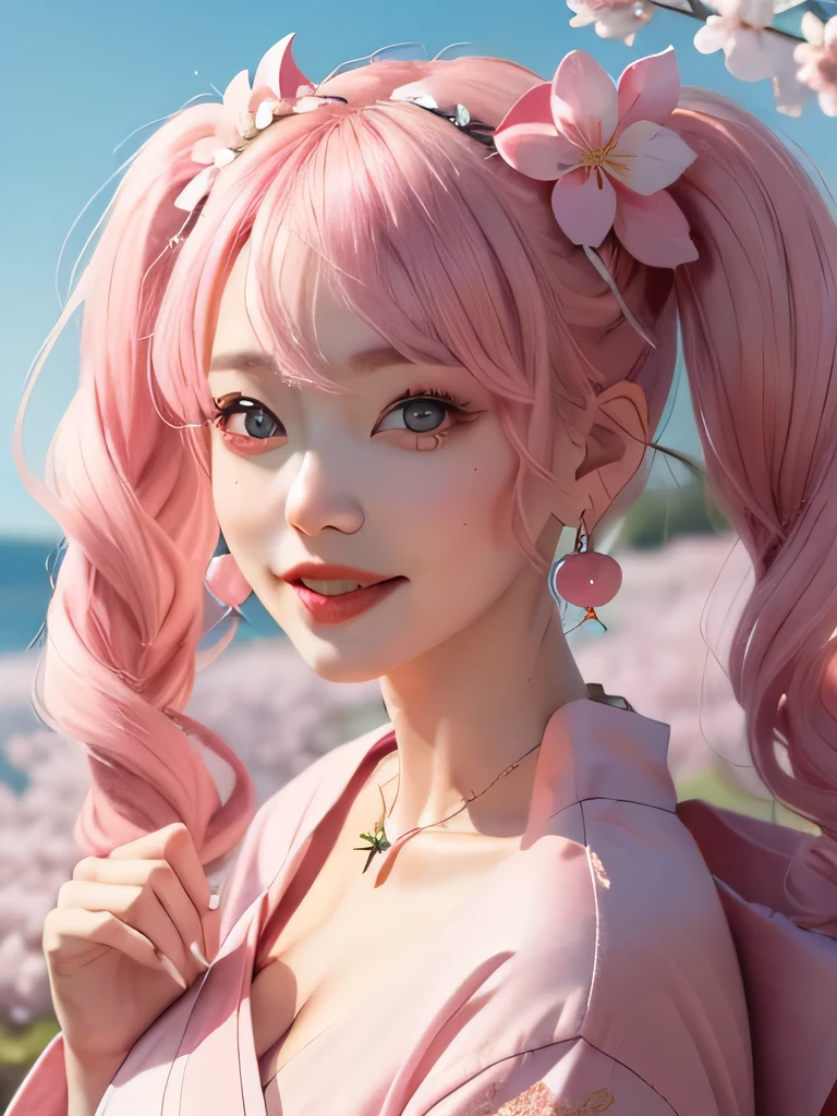 she is the cherry blossom spirit、pink eyes、pink hair、close up of face、pink eyebrows、pink teeth、pink fang、big ears、cherry blossom hair ornament、cherry blossom necklace、Cherry earrings、beautiful clavicle、twin tails、deep pink eyes、pink kimono showing collarbone、cherry blossom fairy、wing、cherry blossom background、blue sky background、red eyes、Cherry Headband、she is a pink fairy、妖精のwing根、smile、