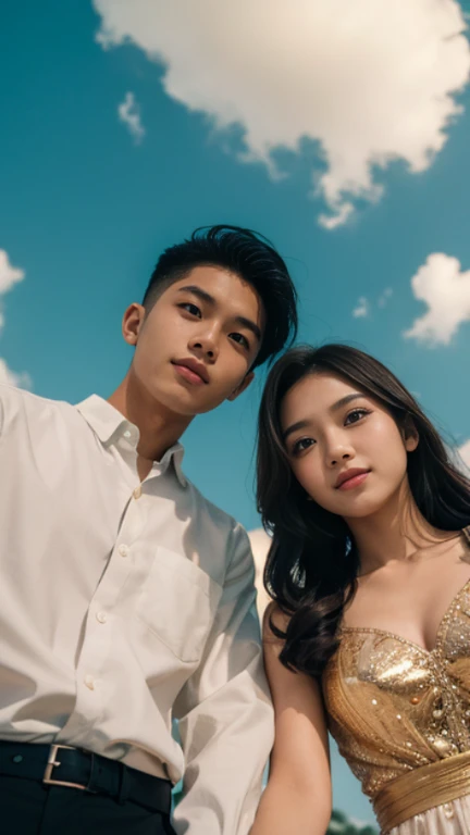 Low angle photo taken from below, a medium range photo of a young Indonesian man with an army cut hair style, and a young Indonesian female with long hair, both looking at the viewer, looking at camera, smirk, romantic pose, cloudy sky, golden hours, make the human height 1:2 of the photo, natural lighting, shot on Fujifilm Superia 400
