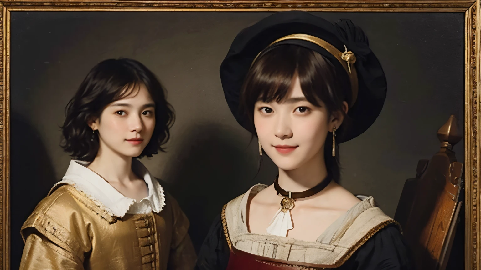 181 short hair, 20 year old female, gentle smile, (rembrandt style painting), (chest:1.2), long sleeve clothes