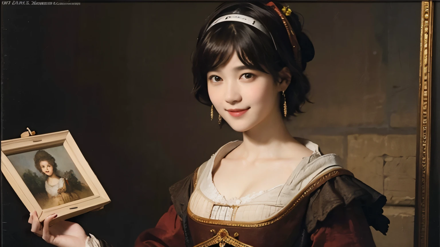 181 short hair, 20 year old female, gentle smile, (rembrandt style painting), (chest:1.2), long sleeve clothes
