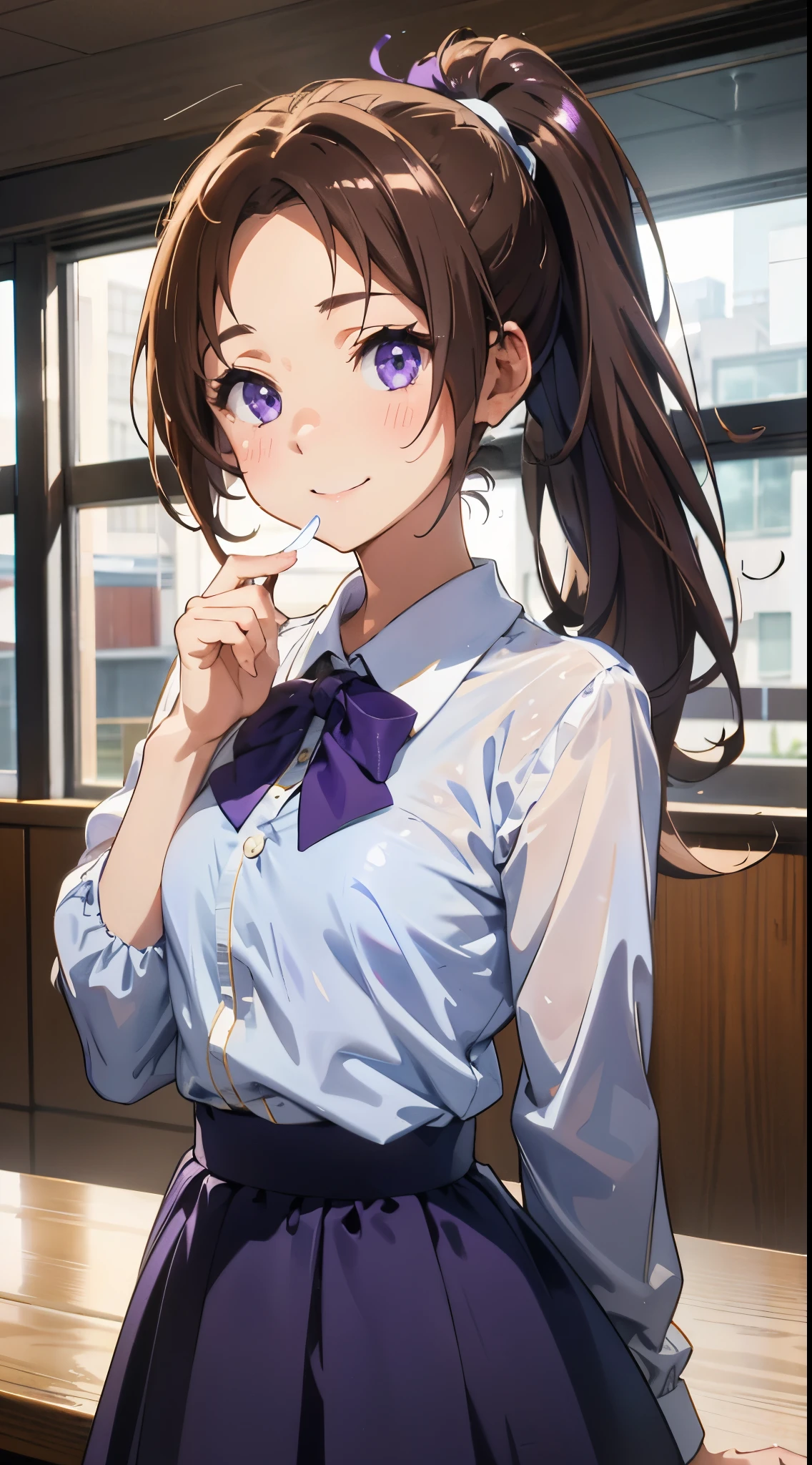 1 girl、(perfect face)、brown hair ponytail、beautiful purple eyes、Clothes based on white color、blue skirt、comfortable、Calm、indoor、Morning Cafe、Shiny and smooth skin、evil smile、expressive eyes, cute,