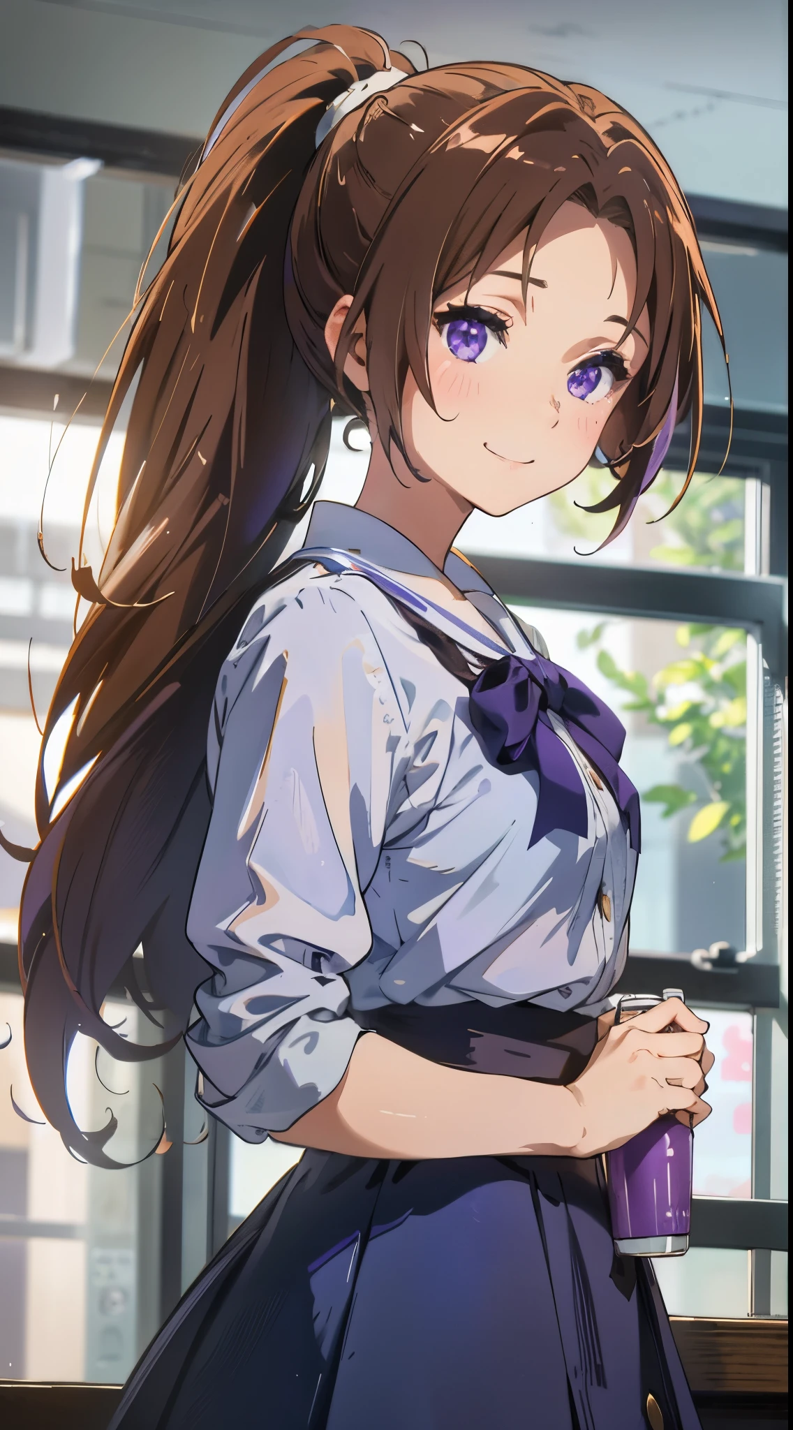 1 girl、(perfect face)、brown hair ponytail、beautiful purple eyes、Clothes based on white color、blue skirt、comfortable、Calm、indoor、Morning Cafe、Shiny and smooth skin、evil smile、expressive eyes, cute,