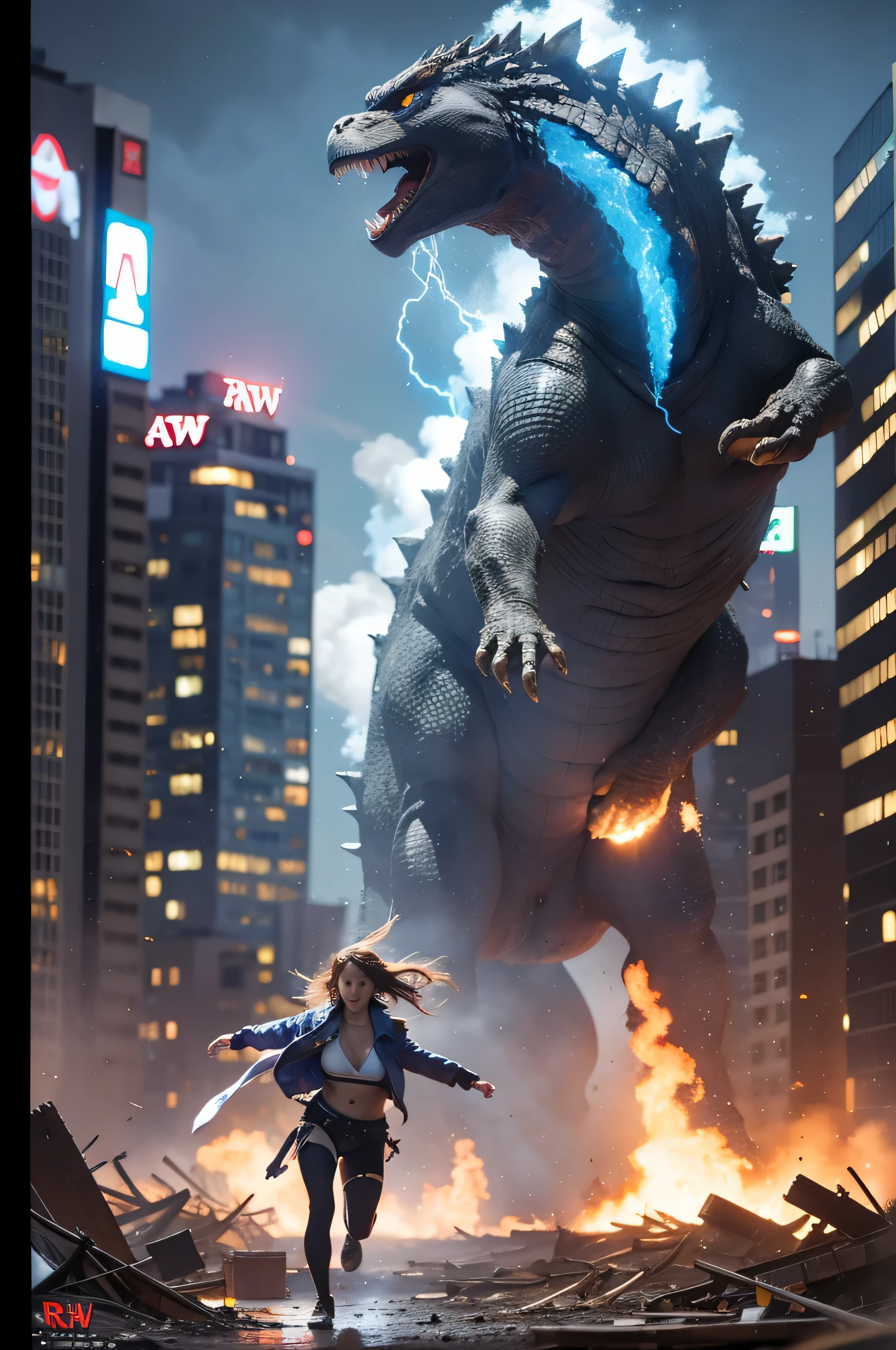 (((RAW image quality:1.4))), movie heroine "Godzilla Godzilla emits pale lightning from his body". Desolate Los Angeles night、Japanese woman desperately running away from Godzilla.., 15 years old, messy hair, Tattered pilot suit, torn clothes, cleavage, running through the rubble. crumbling building, burning flame, explosion、white skin, smooth skin, amazingly beautiful face, become familiar with, realistic, 8K.
negative prompt.