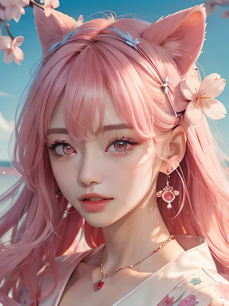 she is the cherry blossom spirit、pink eyes、pink hair、close up of face、pink eyebrows、pink teeth、pink fang、big ears、cherry blossom hair ornament、cherry blossom necklace、Cherry earrings、beautiful clavicle、long straight hair、deep pink eyes、pink kimono showing collarbone、cherry blossom fairy、wing、cherry blossom background、blue sky background、red eyes、Cherry Headband、she is a pink fairy、妖精のwing根、smile、